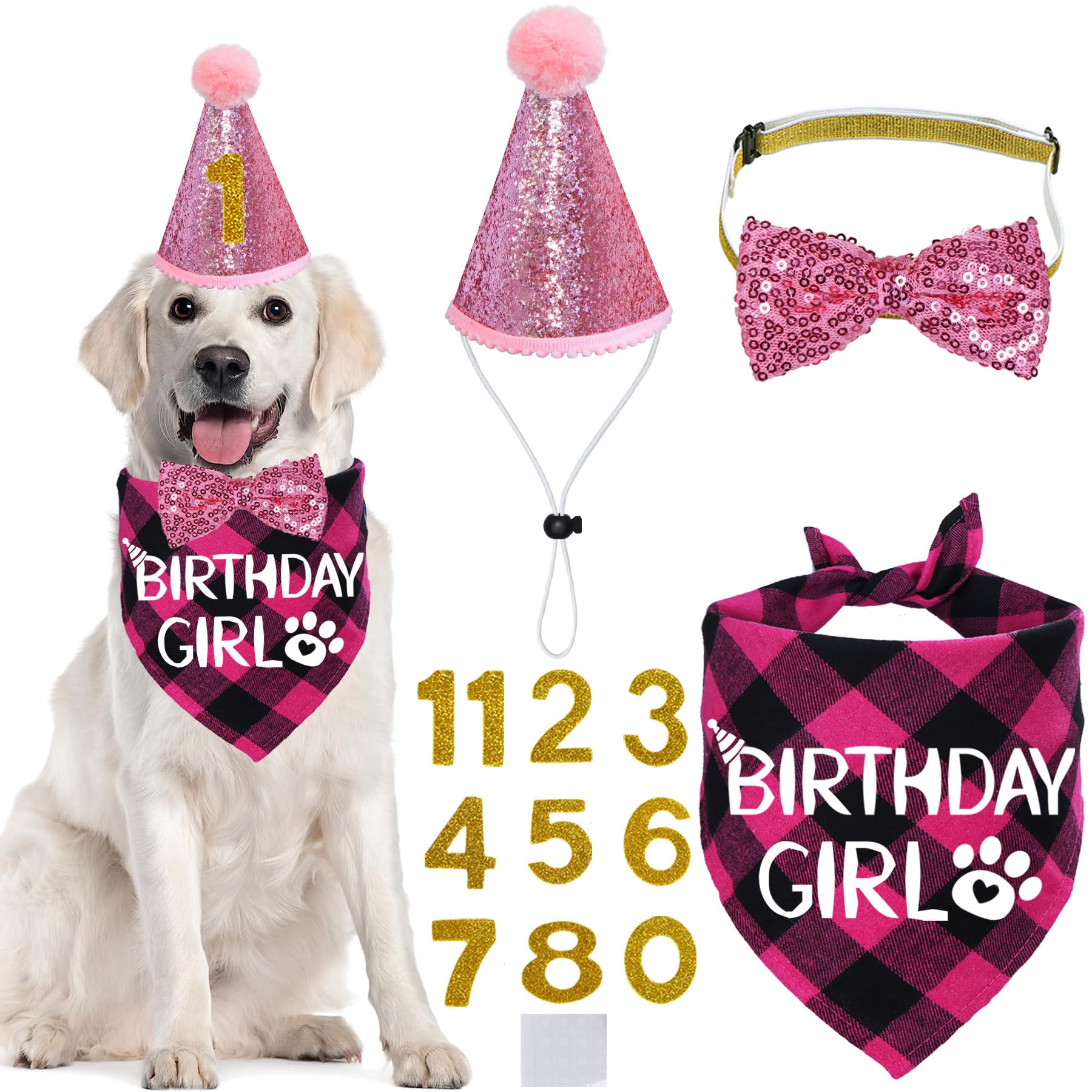 Stmk Dog Birthday Party Supplies, Multi Sizes Dog Birthday Hat With Numbers Bandana Bow Tie For Large Extra Large Dogs Pets Birt