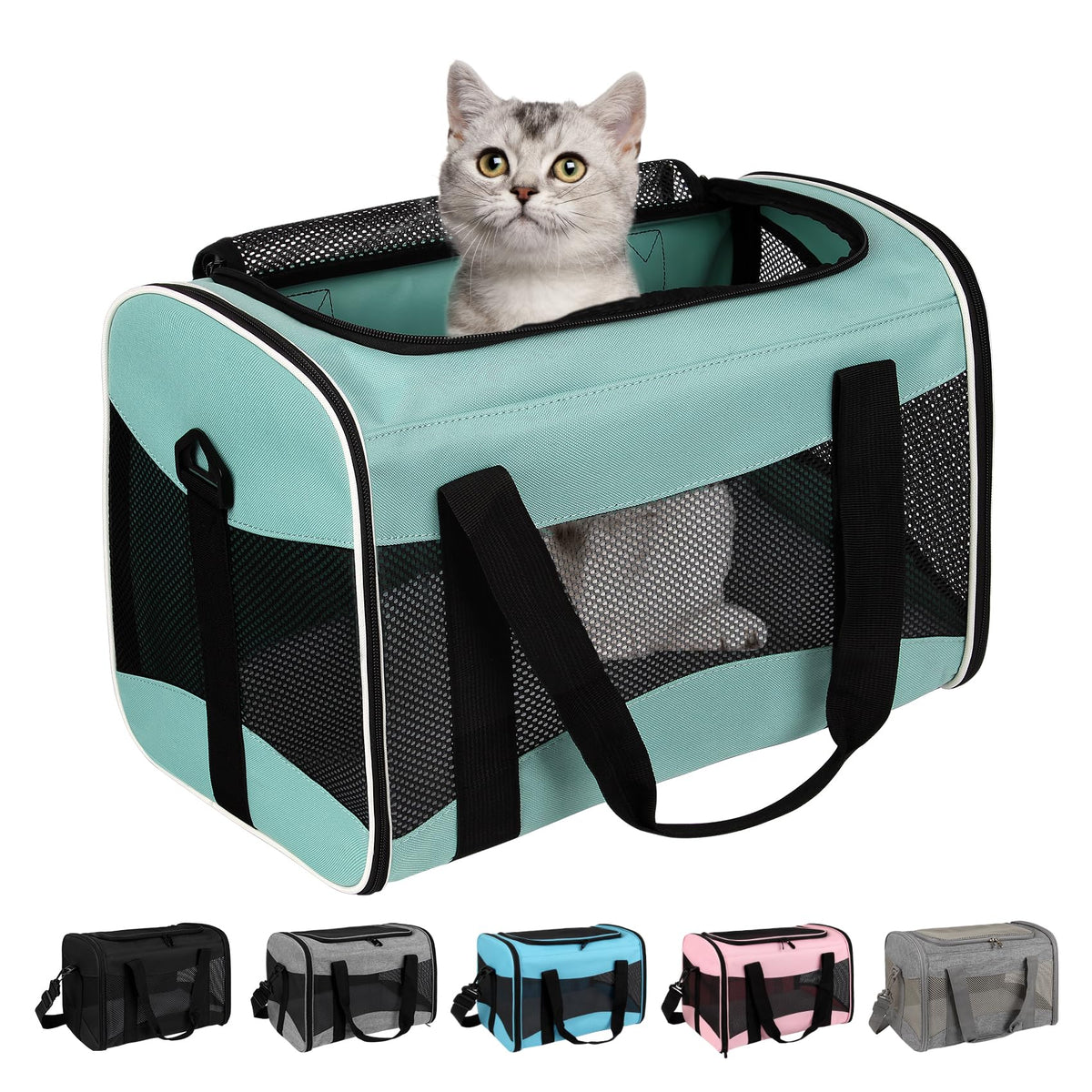 Cat Carrying Case Pet Dog Carrier Soft-Sided Cat Bag Airline Approved, Pet Travel Carrier Up To 15 Lbs, Collapsible Cat Carrier Dog Carrier For Medium Cats Small Cats Dogs(17X11X11 Green)