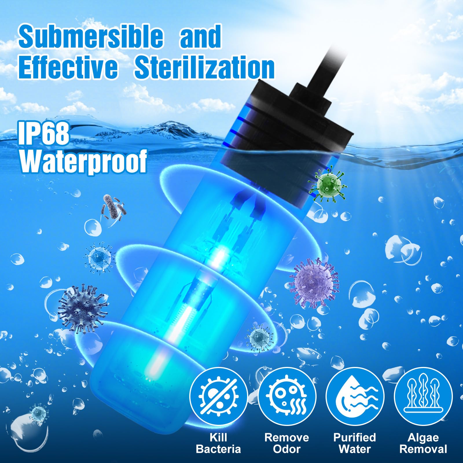 Aquarium Lamp 3W Mini Fish Tank Clean Green Light Submersible Use in Filter Area for 5-55 Gallon Fish Tank Pond Cloudy Water Cle