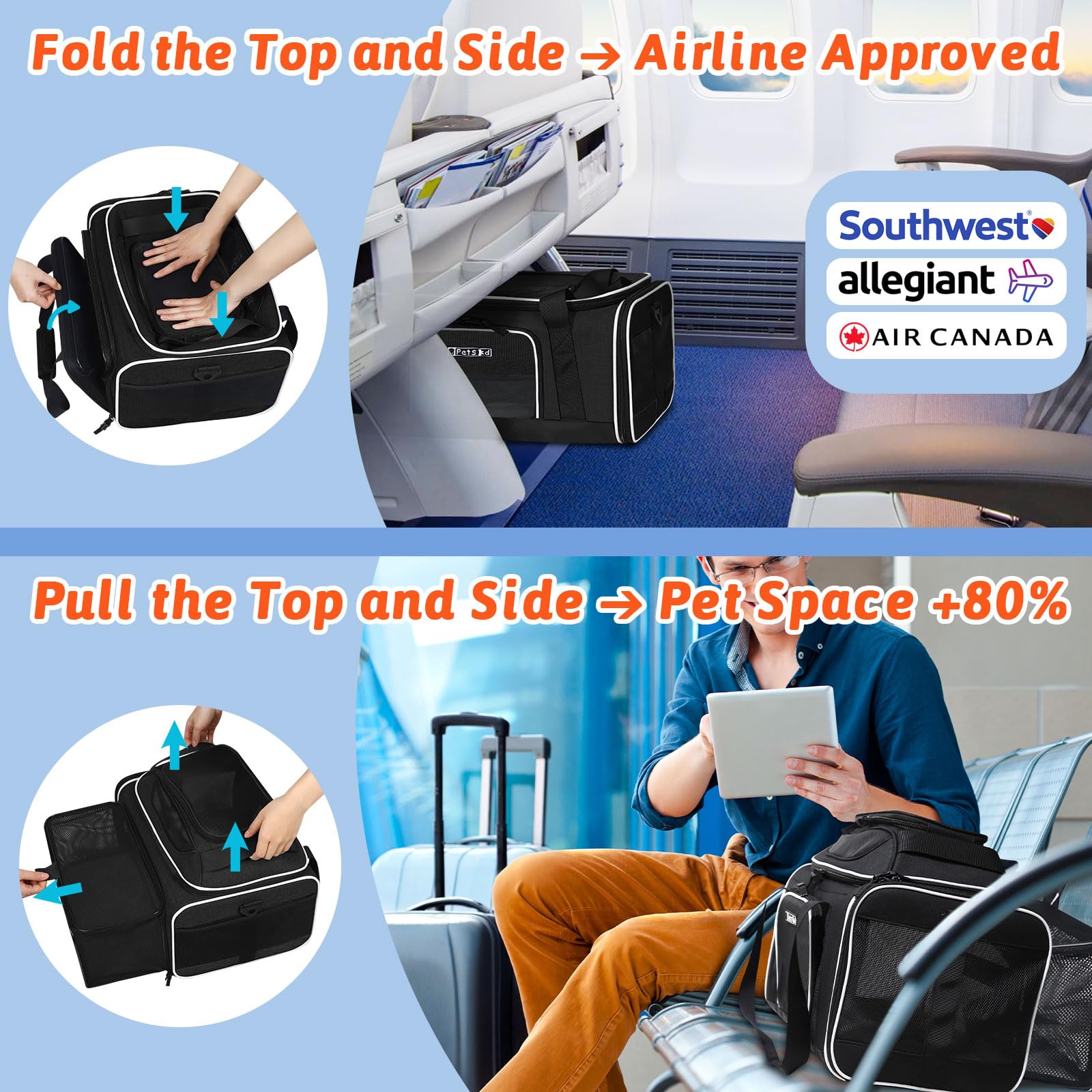 Petskd Top and Side Expandable Pet Carrier 18x13x9.5 Inches Southwest Allegiant Airline Approved, Soft-Sided Carrier for Small C