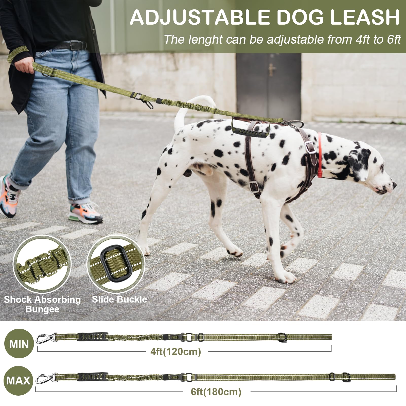 Chioratree Tactical Dog Leash Heavy Duty, 4-6FT Shock Absorbing Bungee Dog Leash, Strong No Pull Military Dog Leash with 2 Contr