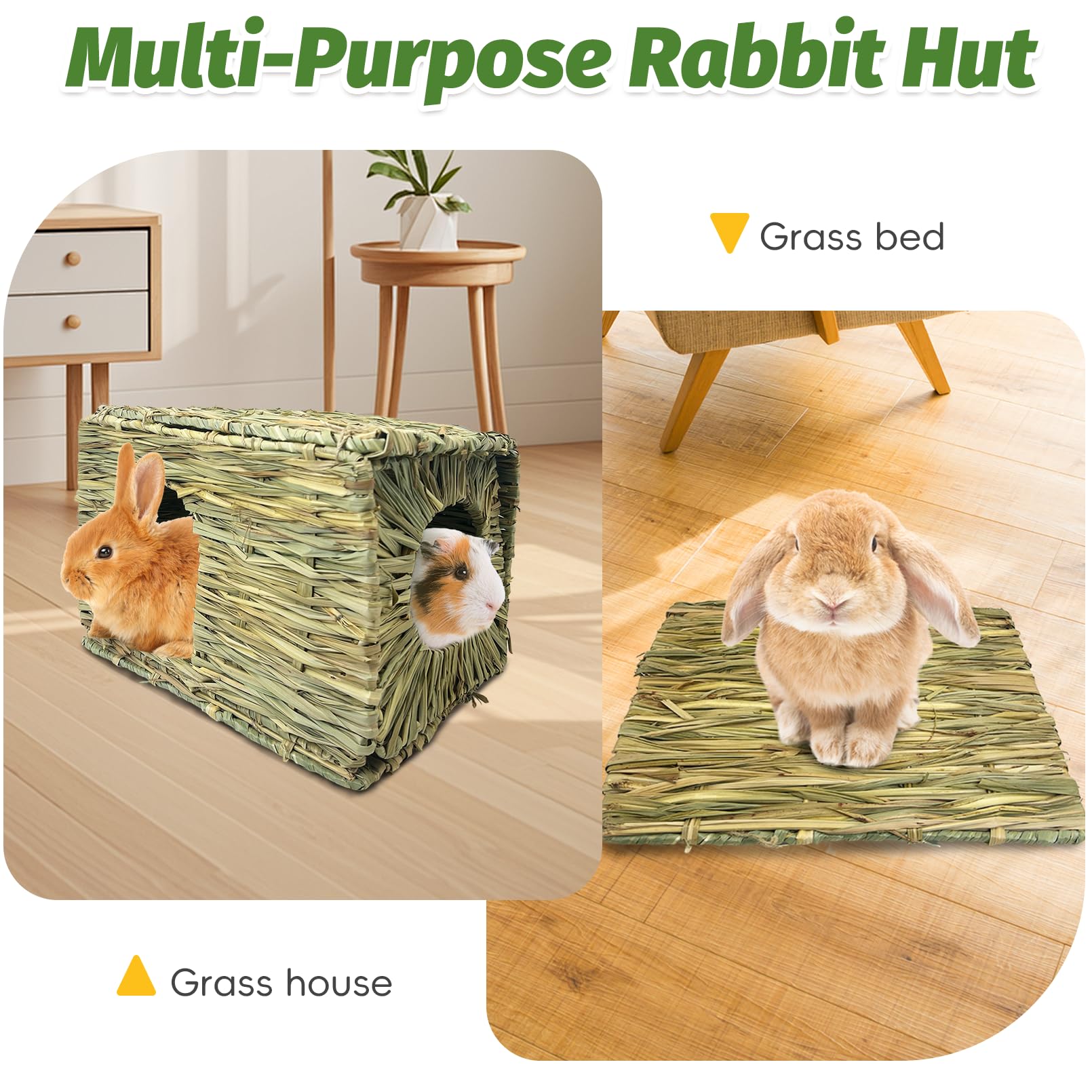 Hamiledyi Large Rabbit Grass House Hand Woven Natural Bunny Hut Foldable Play Bed Safe Cozy Hideaway Hay Mat Chew Toys For Hamst