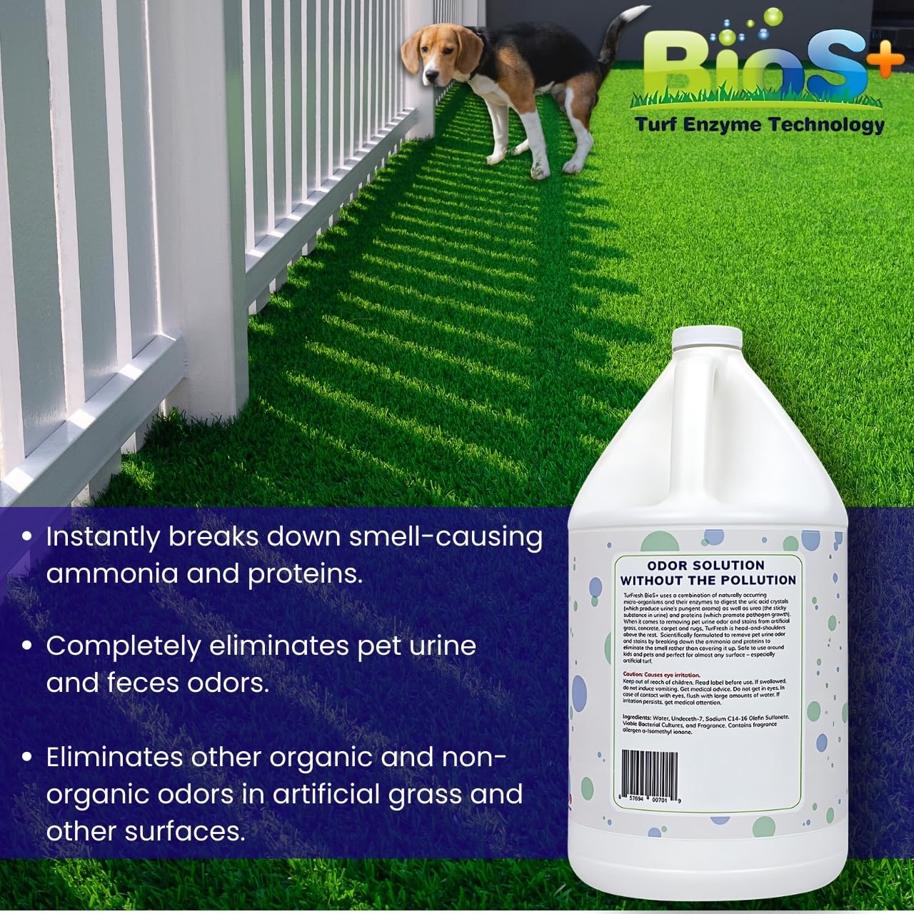 TurFresh BioTurf BioS+ Artificial Turf Deodorizer - Non-Toxic Enzyme Concentrate for Pet Odor - 1 Gallon Safe for Kids, Pets, and Plants