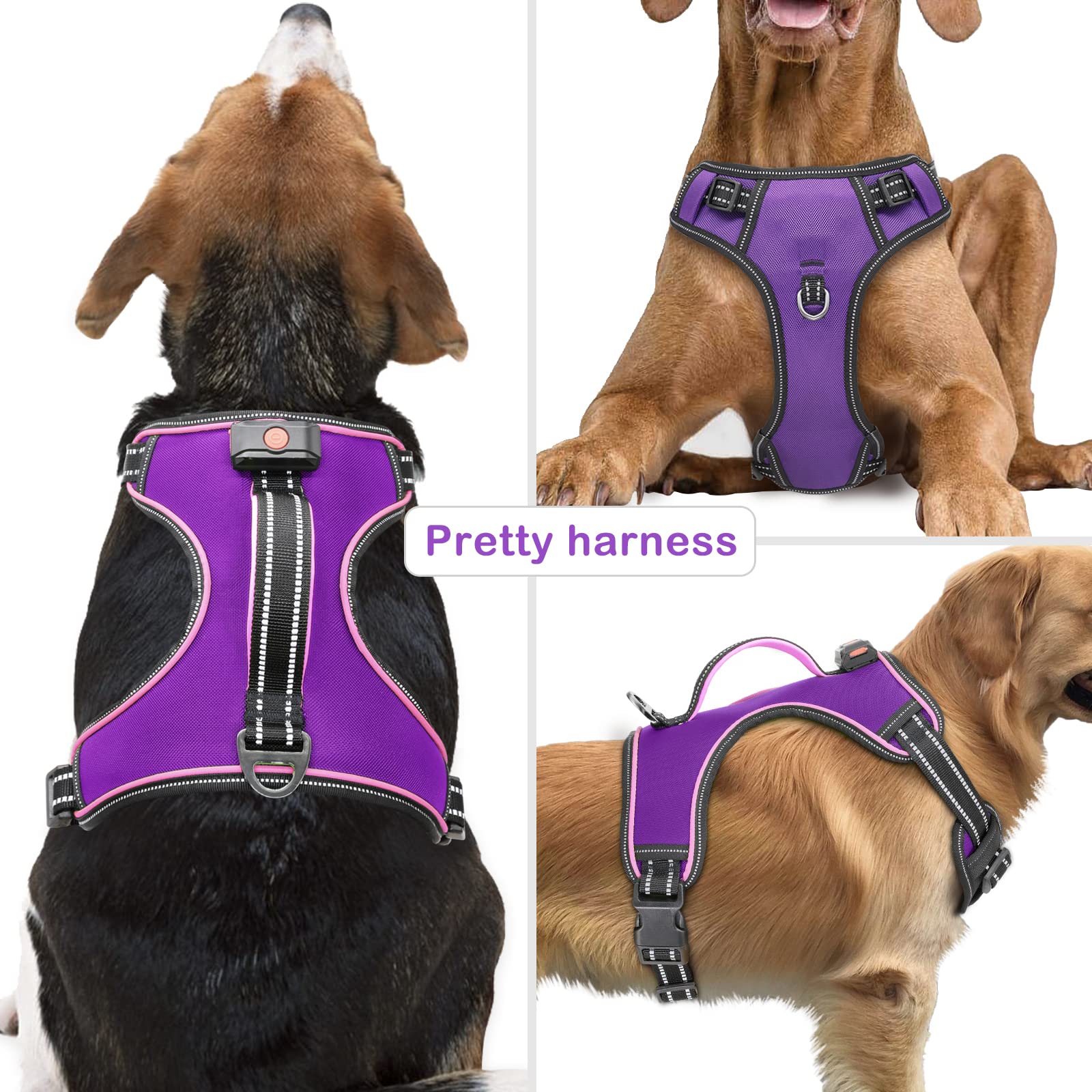 Light Up Dog Harness No Pull Led Dog Harness With Handle Vizbrite Rechargeable Lighted Dog Vest Harness For Small/Medium/Large/X-Large Size Dogs No Pull, 4 Point Adjustable Dog Harness