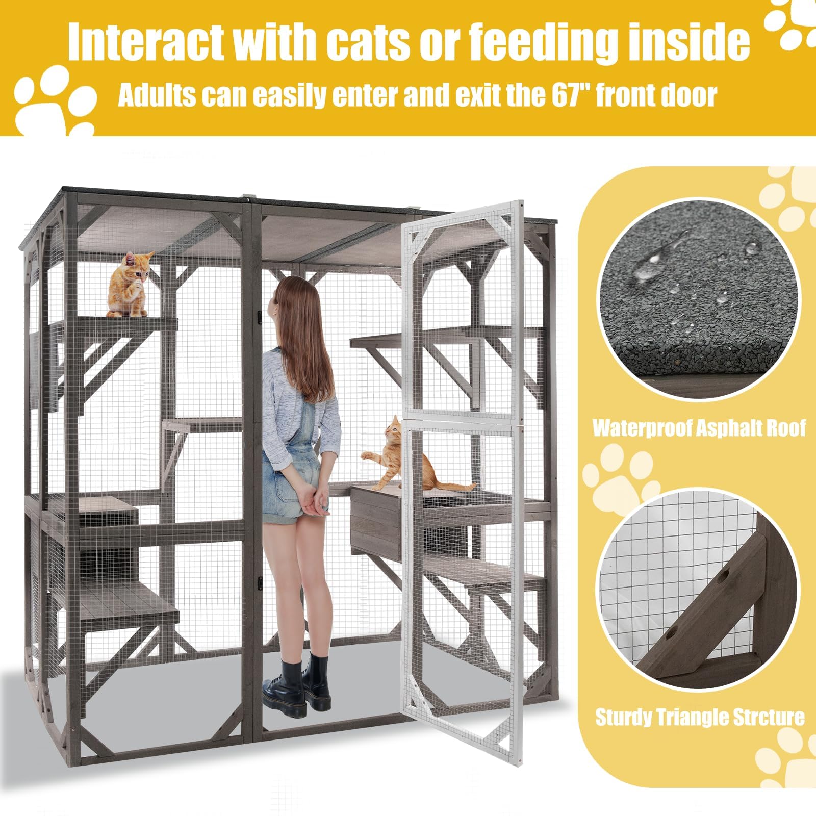 Gowoodhut Outdoor Catio Cat Enclosures - Wooden Cat House Weatherproof With Multi Platforms & Lounge Boxes,Combined- 71 Inch