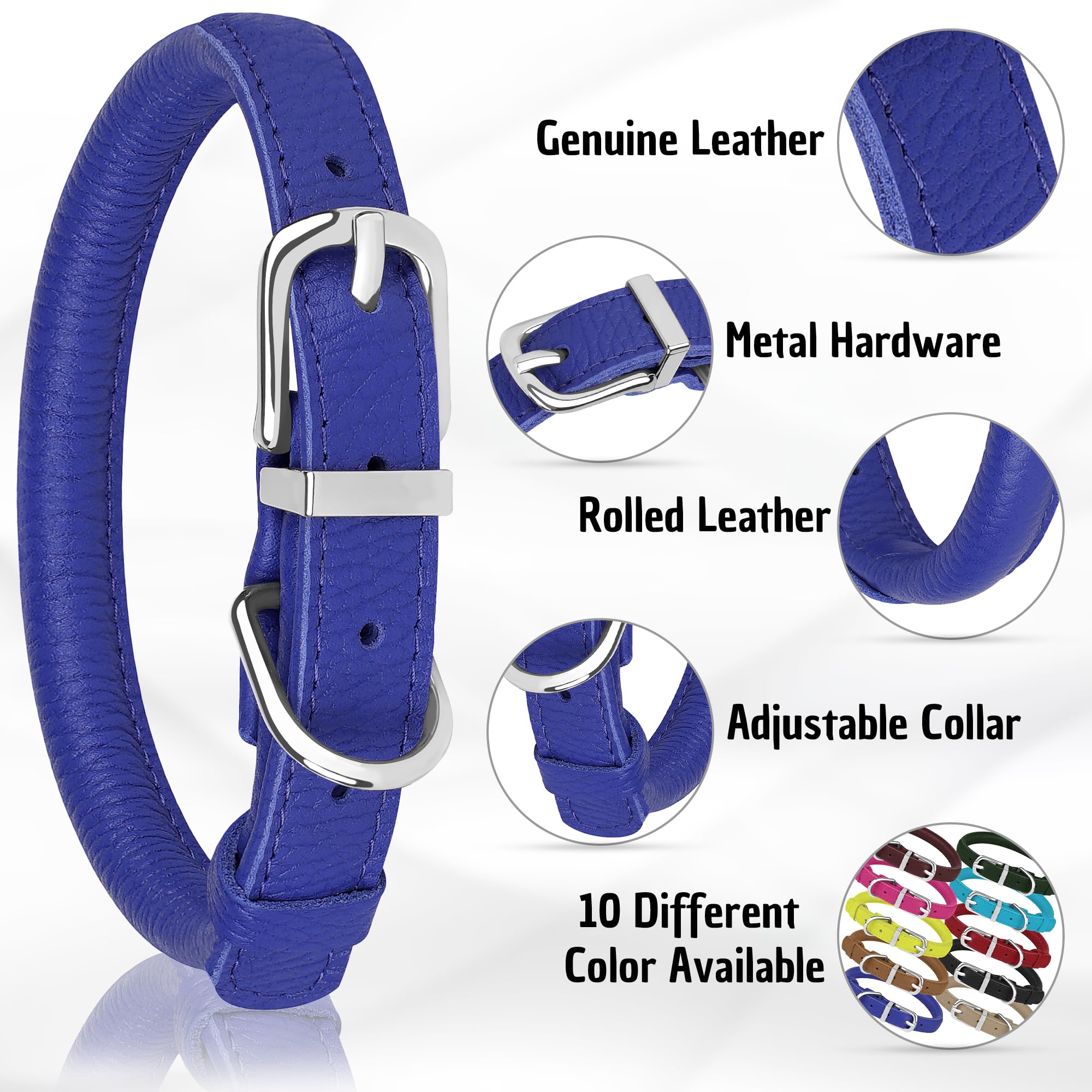 Oopsdoggy Rolled Leather Dog Collar Soft Roll Collars For Small Medium Large Dogs Puppy (Navy Blue, Xxs, 7''-9'')