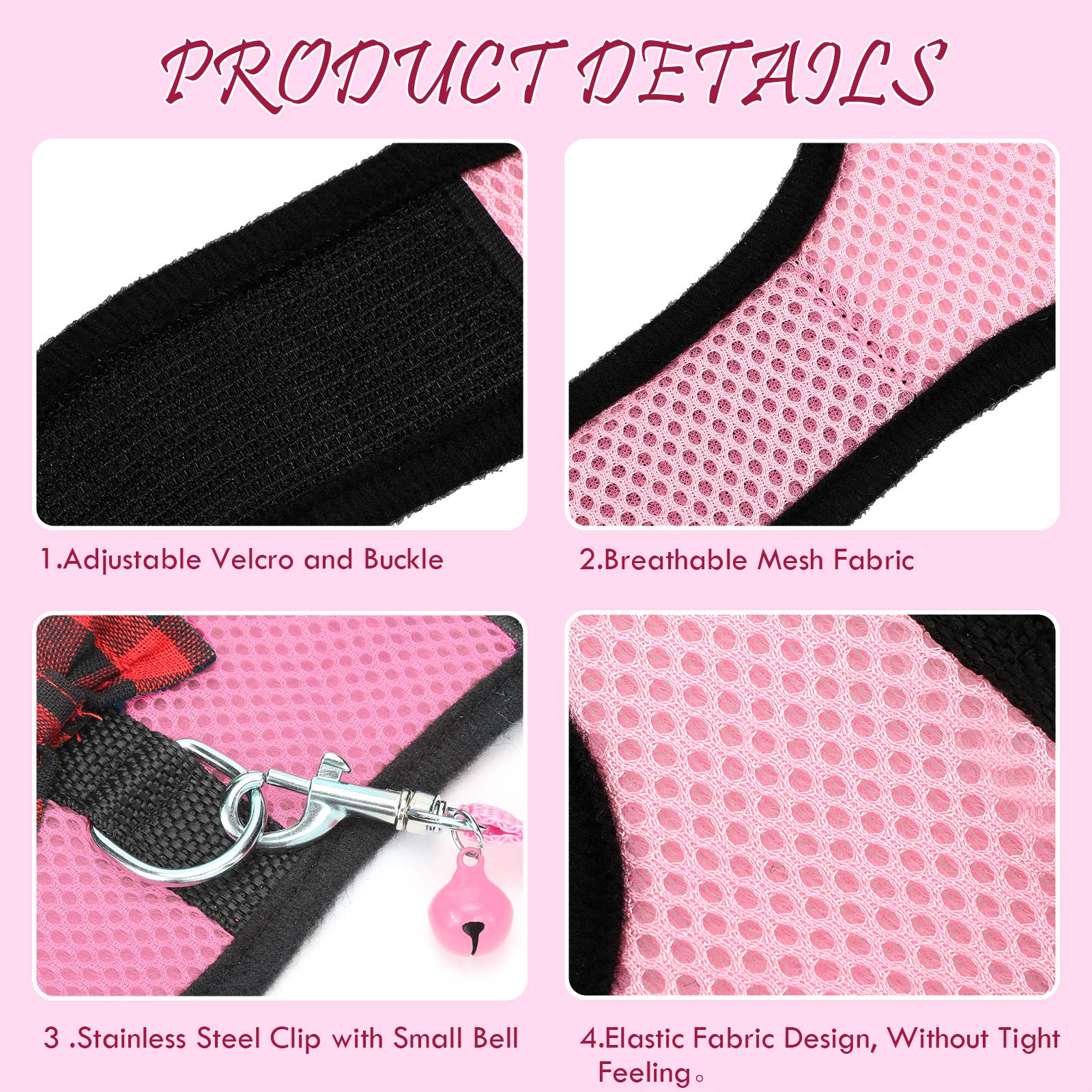 4 Pieces Guinea Pig Harness and Leash Soft Mesh Small Pet Harness with Bowknot Bell, No Pulling Comfort Padded Vest for Guinea P