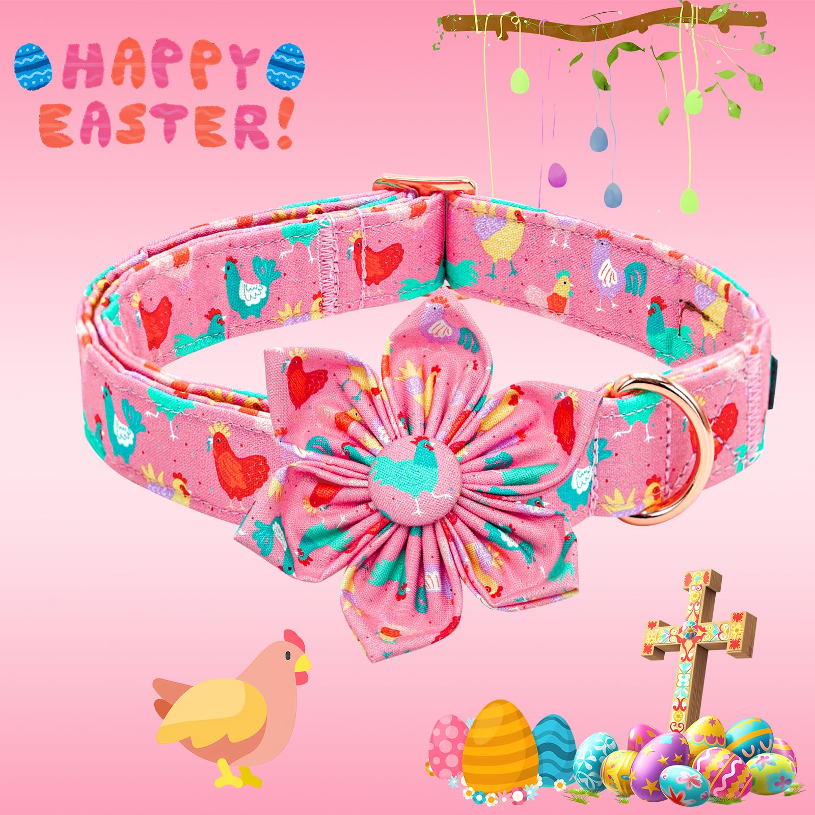 Lionheart Glory Easter Day Dog Collar With Flower Dog Collar For Medium Dogs, Easter Chickens Colorful Dog Flower Collars Spring