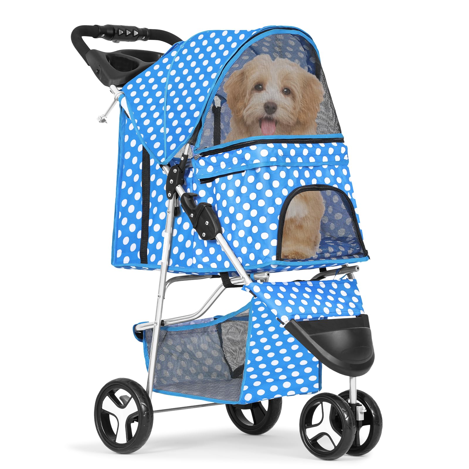 Monibloom 3 Wheels Pet Dog Cat Stroller For Small Medium Dogs Cats, Foldable Jogger Stroller W/Storage Basket And Cup Holder, Sky Blue Polka Dots