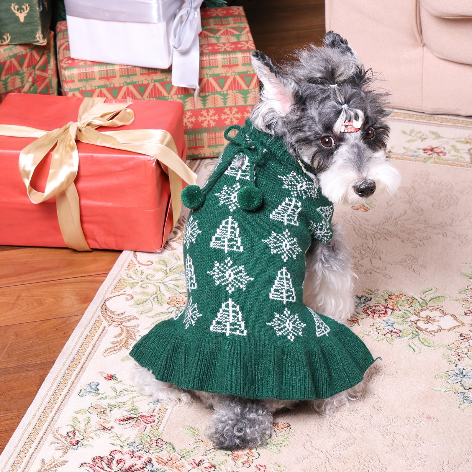 Cutebone Ugly Dog Christmas Sweater Dress Winter Knit Green Turtleneck Puppy Sweater With Craft Pom Pom Ball Pullover Ruffle Dre
