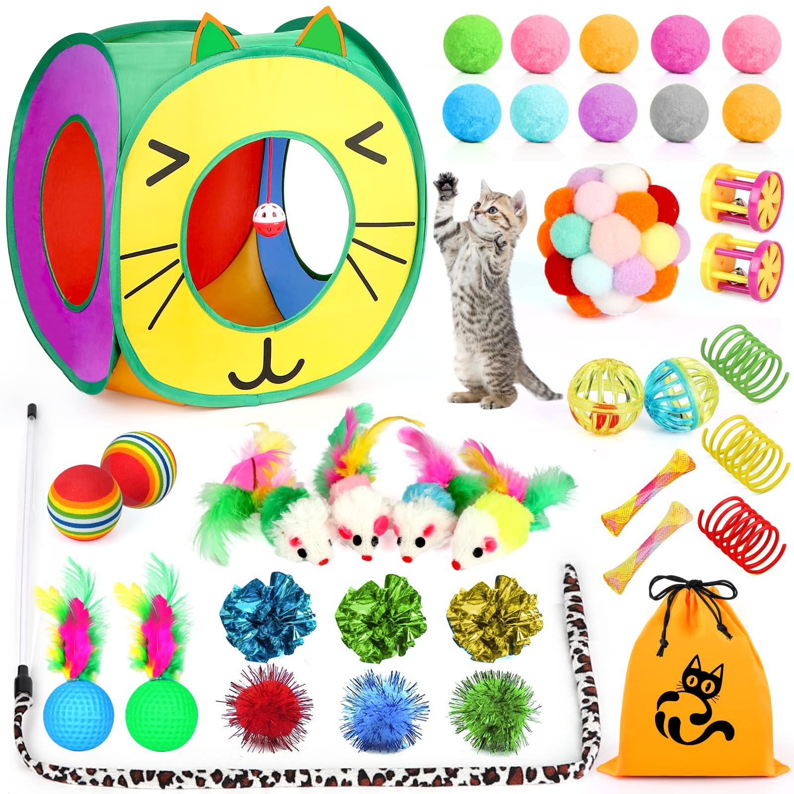 37 Pcs Cat Toys, Interactive Kitten Toys For Indoor Kitty, Variety Catnip Toy Set Including Collapsible Cat Tunnel Tube Tent, Ca