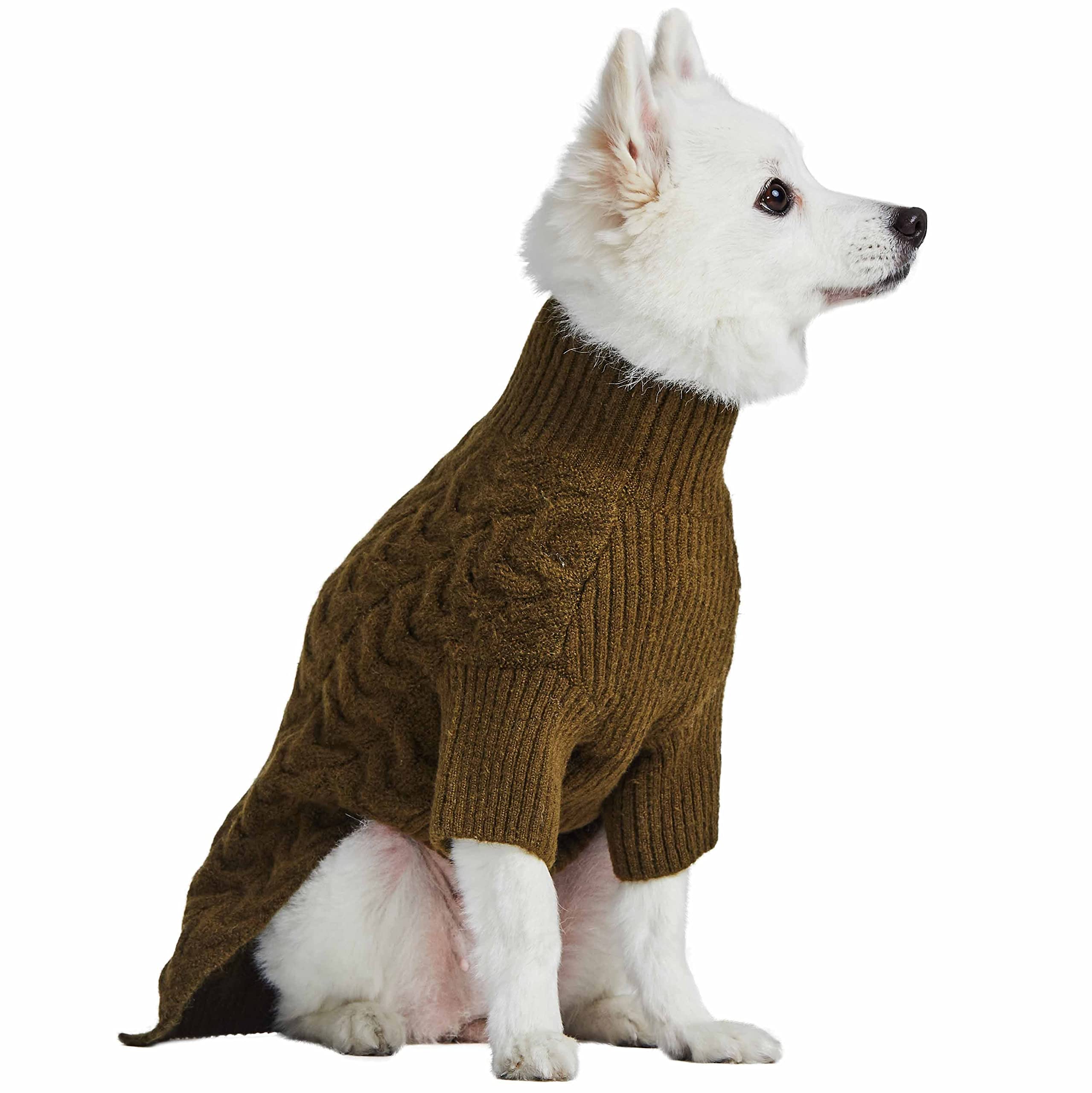 Blueberry Pet Classic Fuzzy Textured Knit Pullover Turtle-Neck Dog Sweater In Dark Olive, Back Length 20', Pack Of 1 Clothes For Dogs