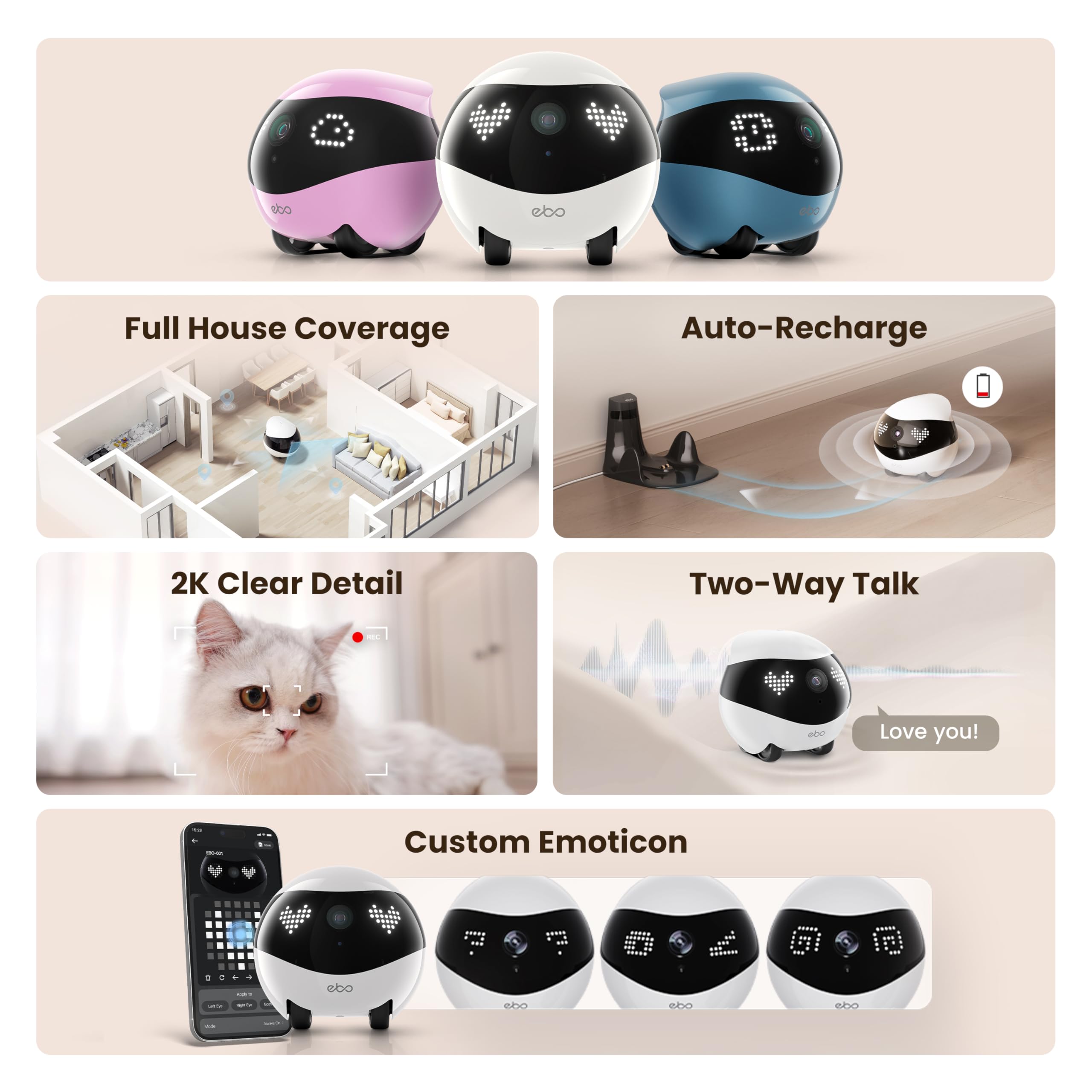 Indoor Security Camera Robot Ebo Air 2: 2K Pet Camera, Movable Home Robot, Custom Facial Expression, Auto-Recharge, Battery-Oper