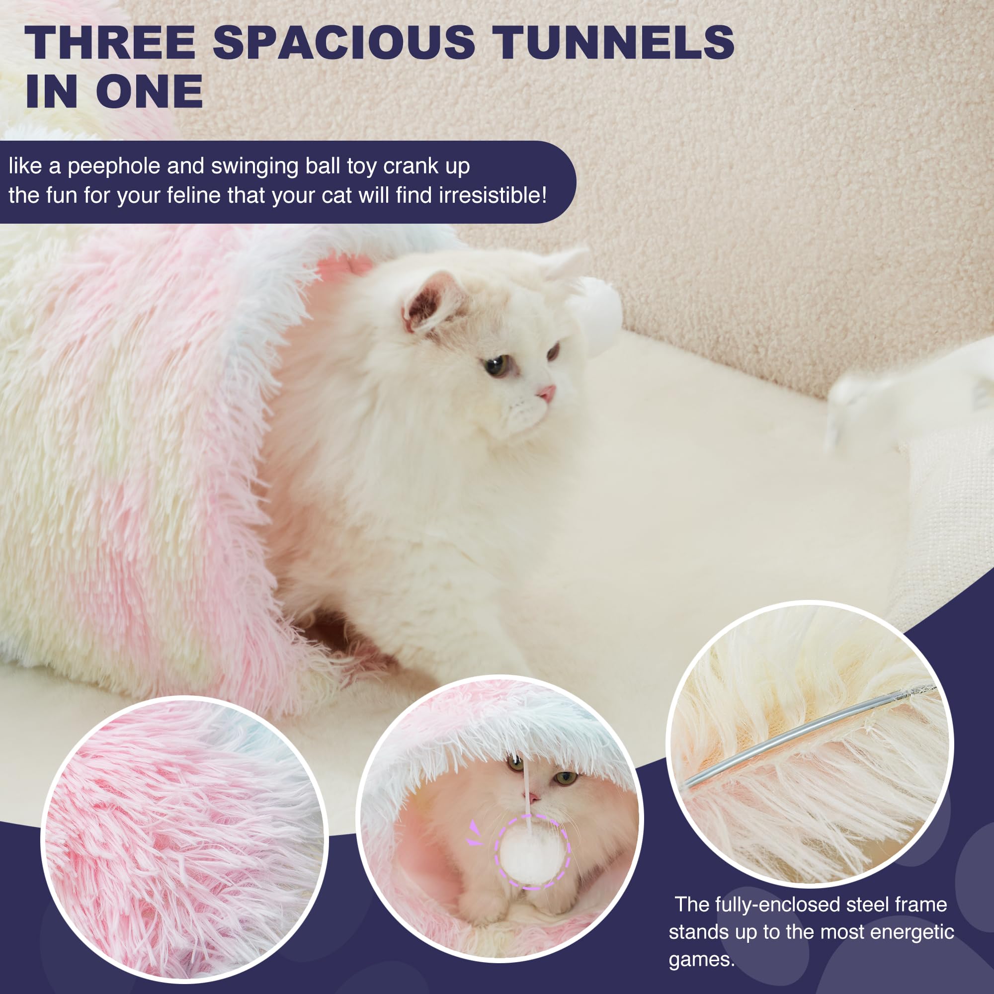 Tempcore Plush Pet Cat Tunnel Tube Cat Toys 3 Way Collapsible, Cat Tunnels For Indoor Cats,Kitty Tunnel Bored Cat Pet Toys Peek Hole Toy Ball Cat, Puppy, Kitty, Kitten, Rabbit Rainbow
