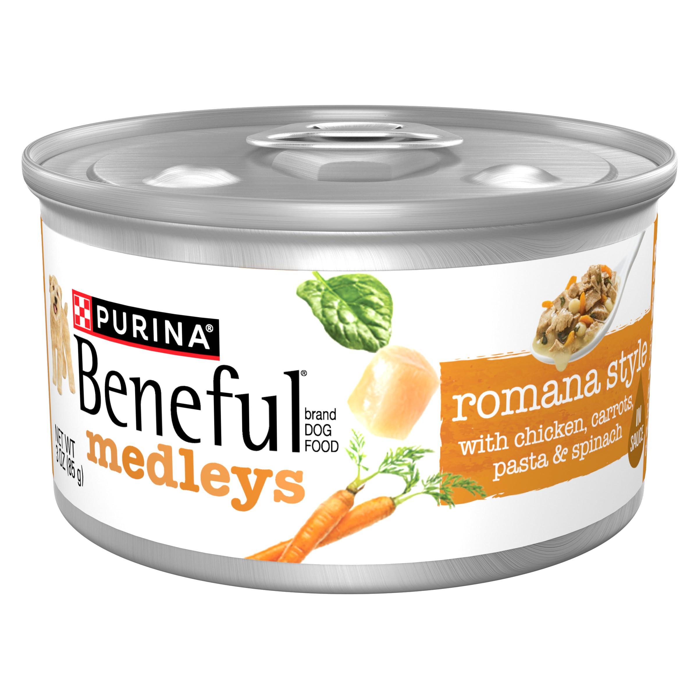 Purina Beneful Wet Dog Food, Medleys Romana Style With Chicken, Carrots, Pasta and Spinach in Sauce - (Pack of 12) 3 oz. Cans