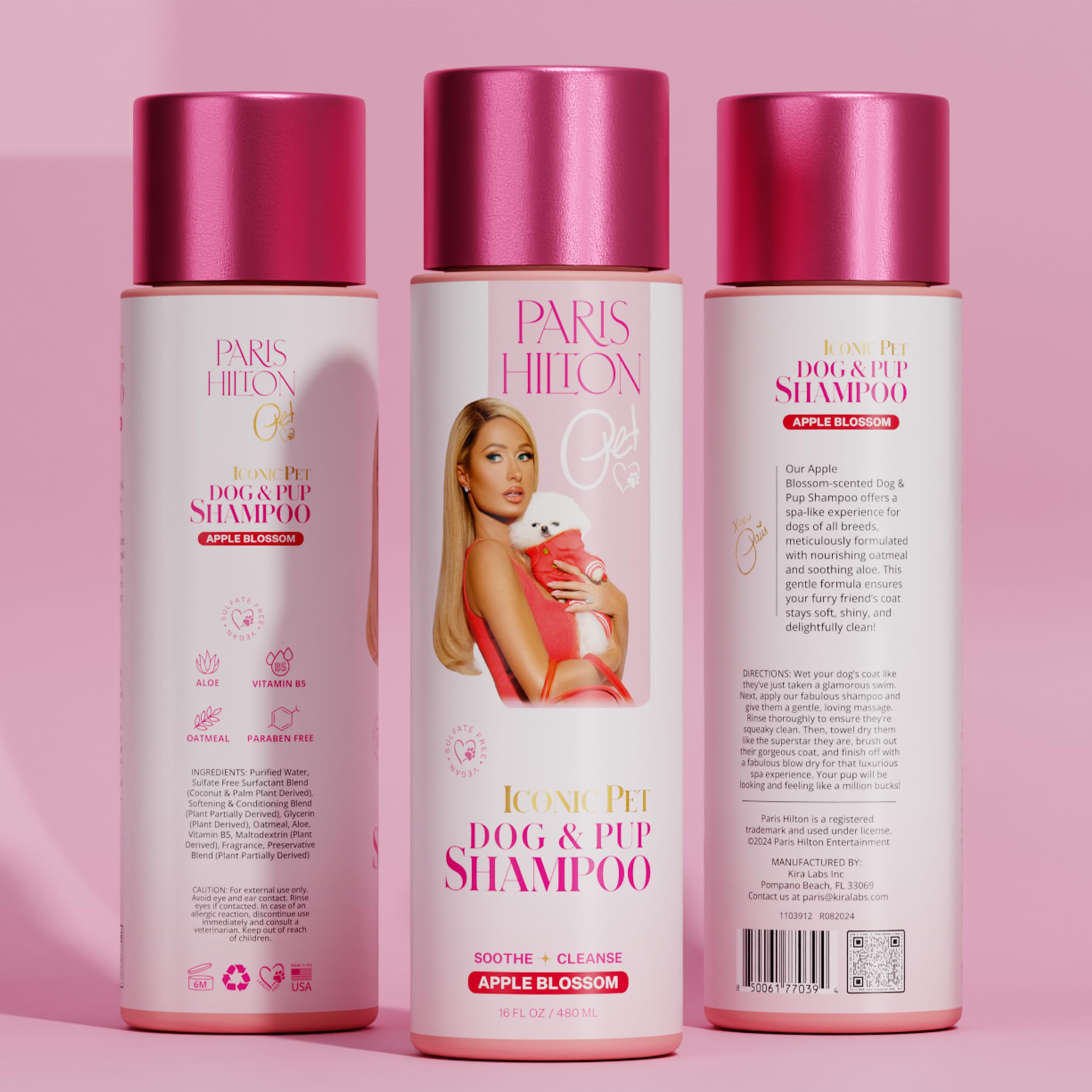 Paris Hilton Dog Shampoo - Sweet Floral Apple Blossom Scent, Sulfate-Free Vegan & Hypoallergenic for All Dog Breeds, with Oatmea