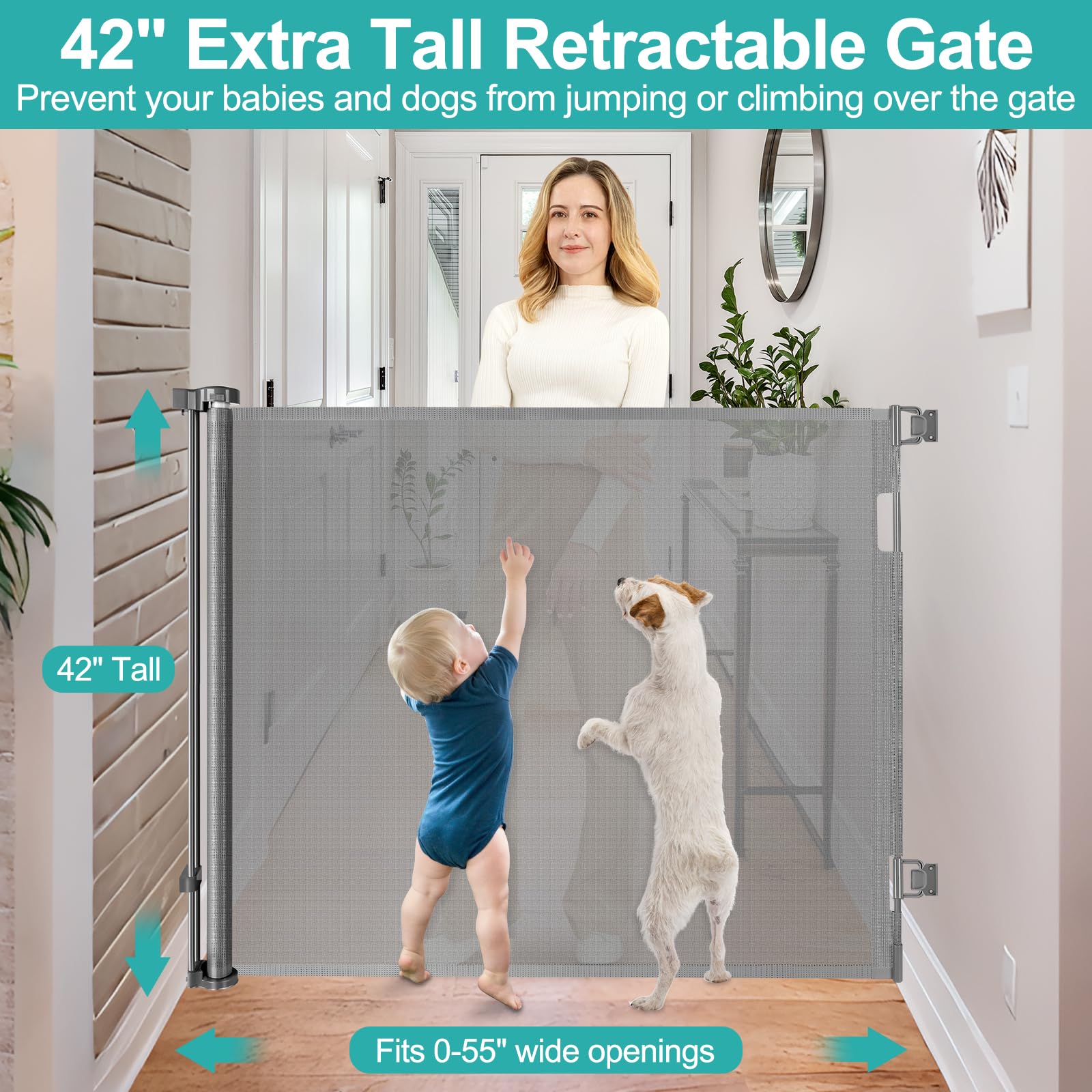 42 Inch Extra Tall Baby Gate for Kids 55'' Wide Retractable Baby Gates Extra Tall Retractable Dog Gates for The House Extra Tall