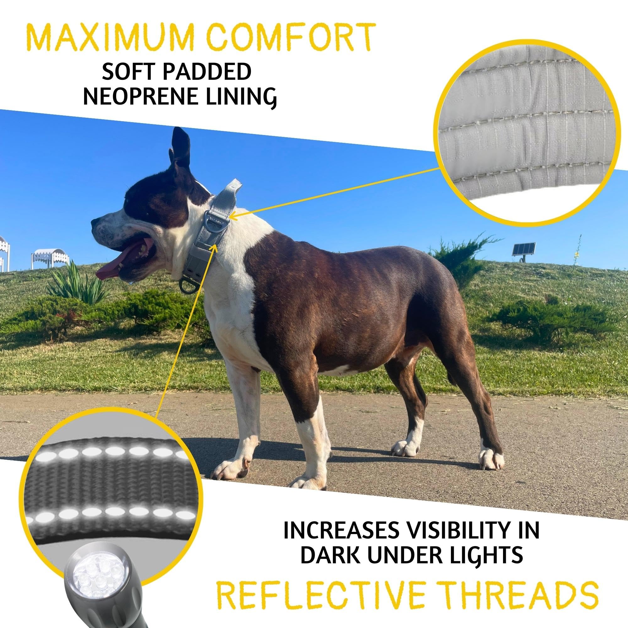 Adityna Heavy Duty Dog Collar For Extra-Large Dogs - Reflective Gray Collar With Handle For Training, And Walking - Wide, Thick,