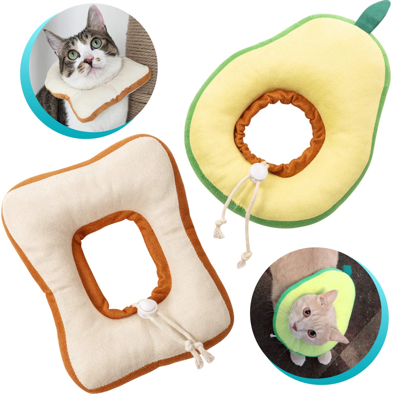 Frienda 2 Pieces Adjustable Cat Cone, Cat Recovery Collar, Kitten Cones After Surgery Pet Neck Strap Elizabethan Donut Toast Nec