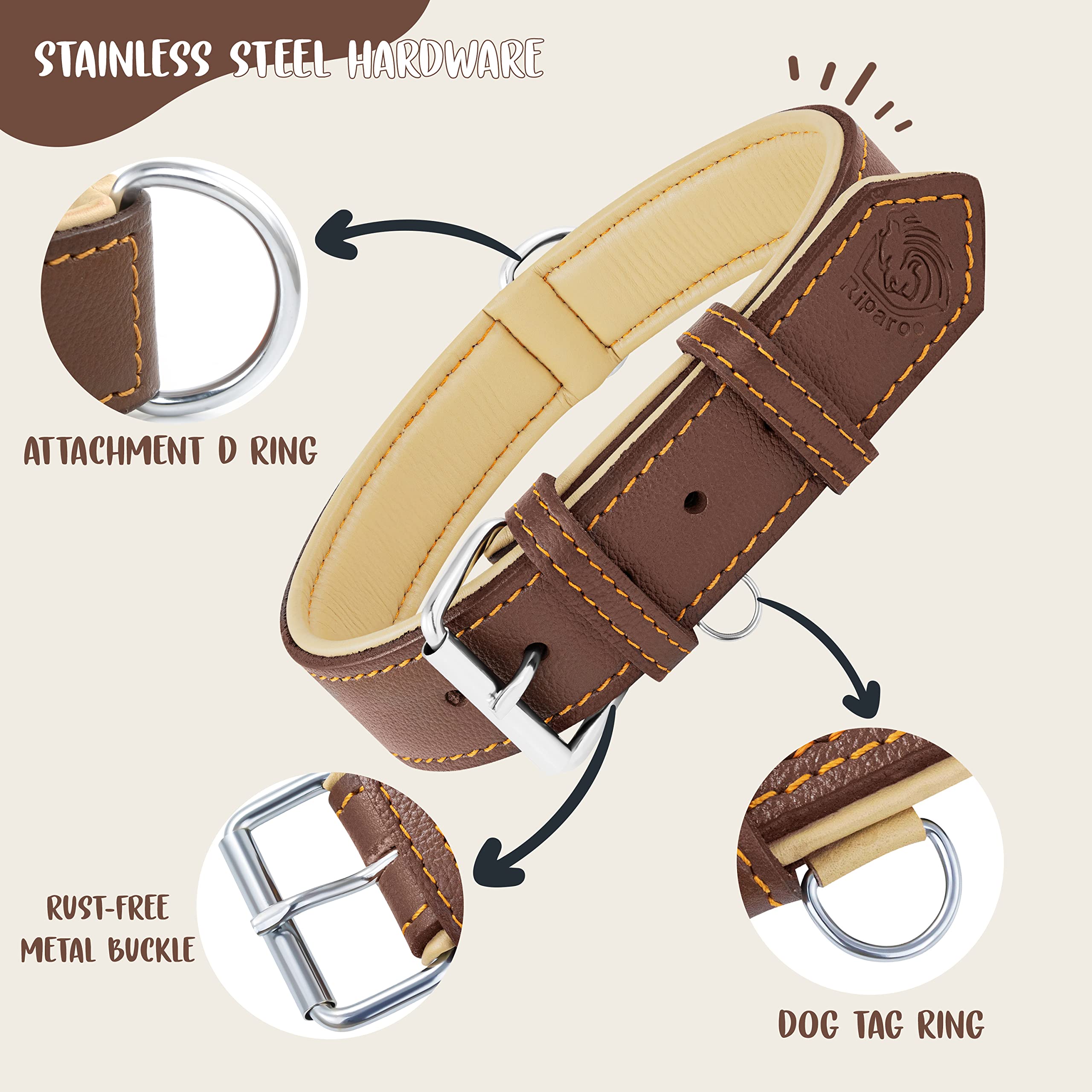 Riparo Genuine Leather Padded Dog Heavy Duty K-9 Adjustable Collar (Xl, Brown)