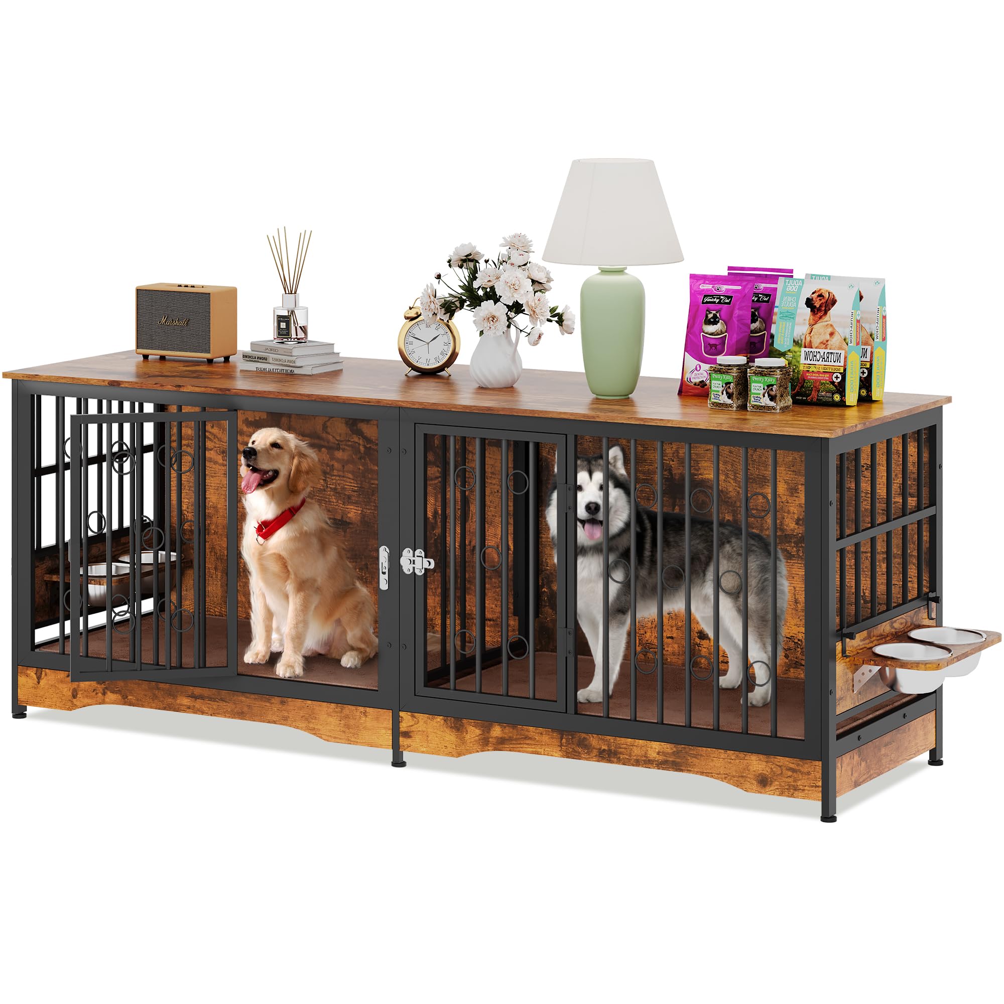 75' Dog Crate Furniture Large Storage Tv Stand With Dual Cushion / 4 Bowls/Double Rooms, Wooden Dog Kennel Dog Crate End Table 