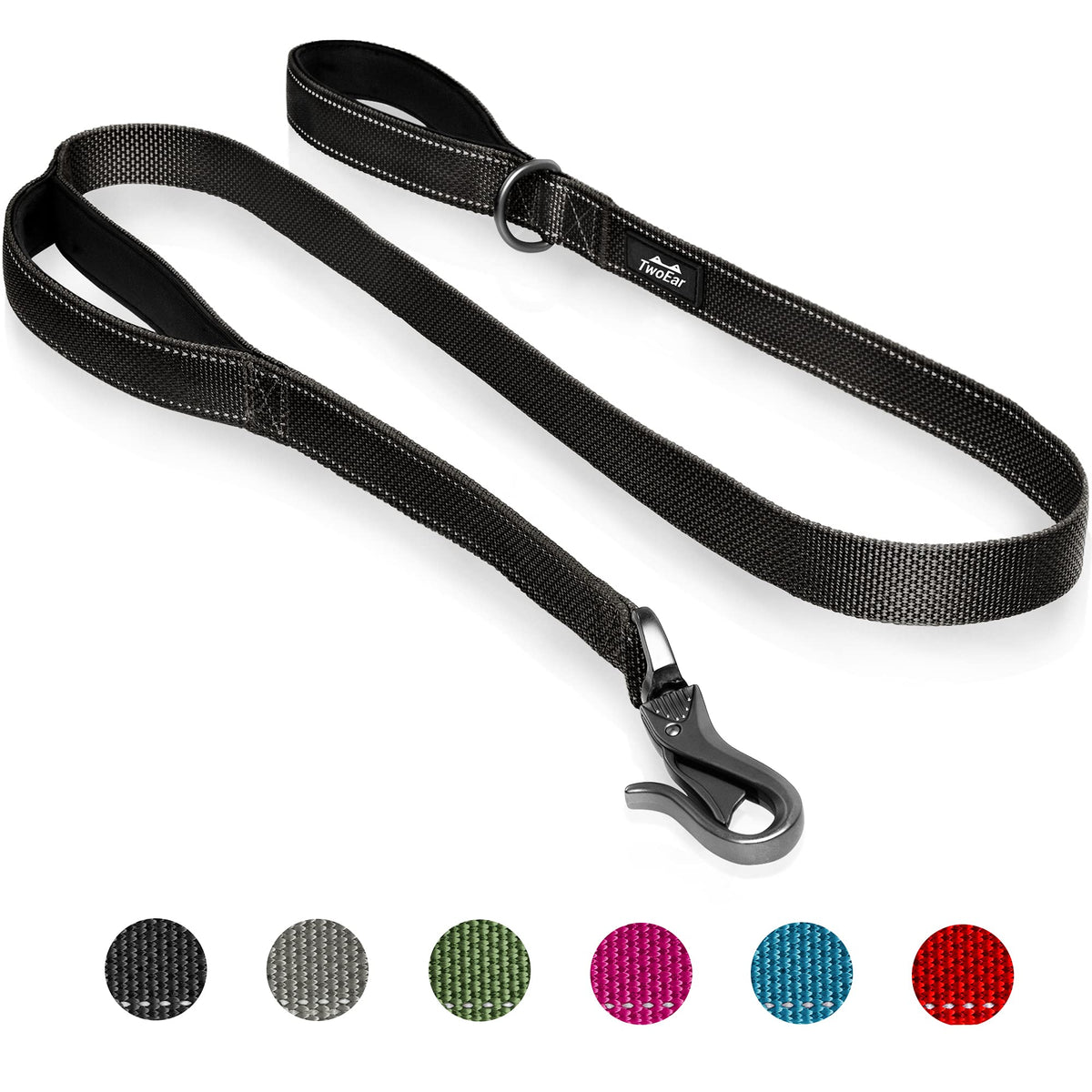 Twoear 5Ft 1In Strong Black Dog Leash With 2 Padded Handles, Traffic Handle Extra Control, Comfortable Soft Dual Handle, Auto Lock Hook, Reflective Walking Lead For Small Medium And Large Dogs
