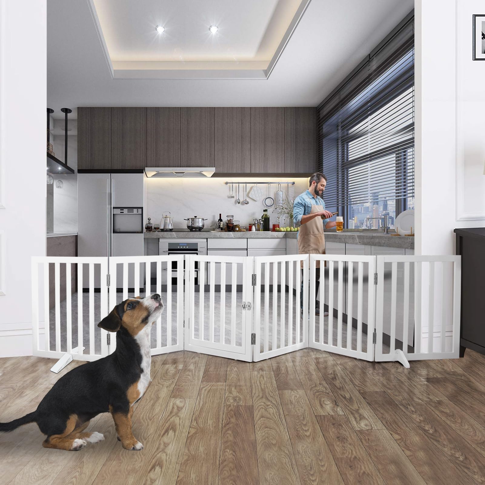 Sfjc Freestanding Foldable Dog Gate Indoor With Door, Wooden White Dog Fence For Doorway, Stairs, House, Or Room, Pet Gate With