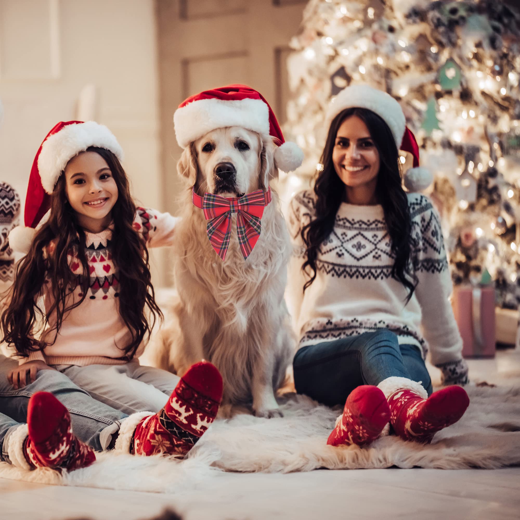 Adoggygo Christmas Dog Collar With Bow, Adjustable Cotton Red Plaid Bowtie Dog Christmas Collars For Large Dogs Pets (Large, Xmas)