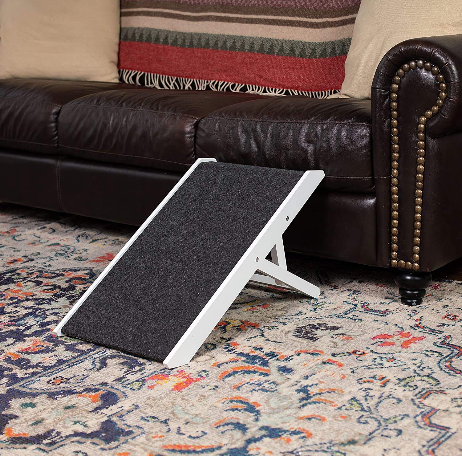 Birdrock Home Adjustable Dog Ramp For Low Beds Or Couches - Small Dogs Or Cats Only - Decorative Wooden Folding Doggie Ramps - Paw Friendly Grip Carpet - White 13'