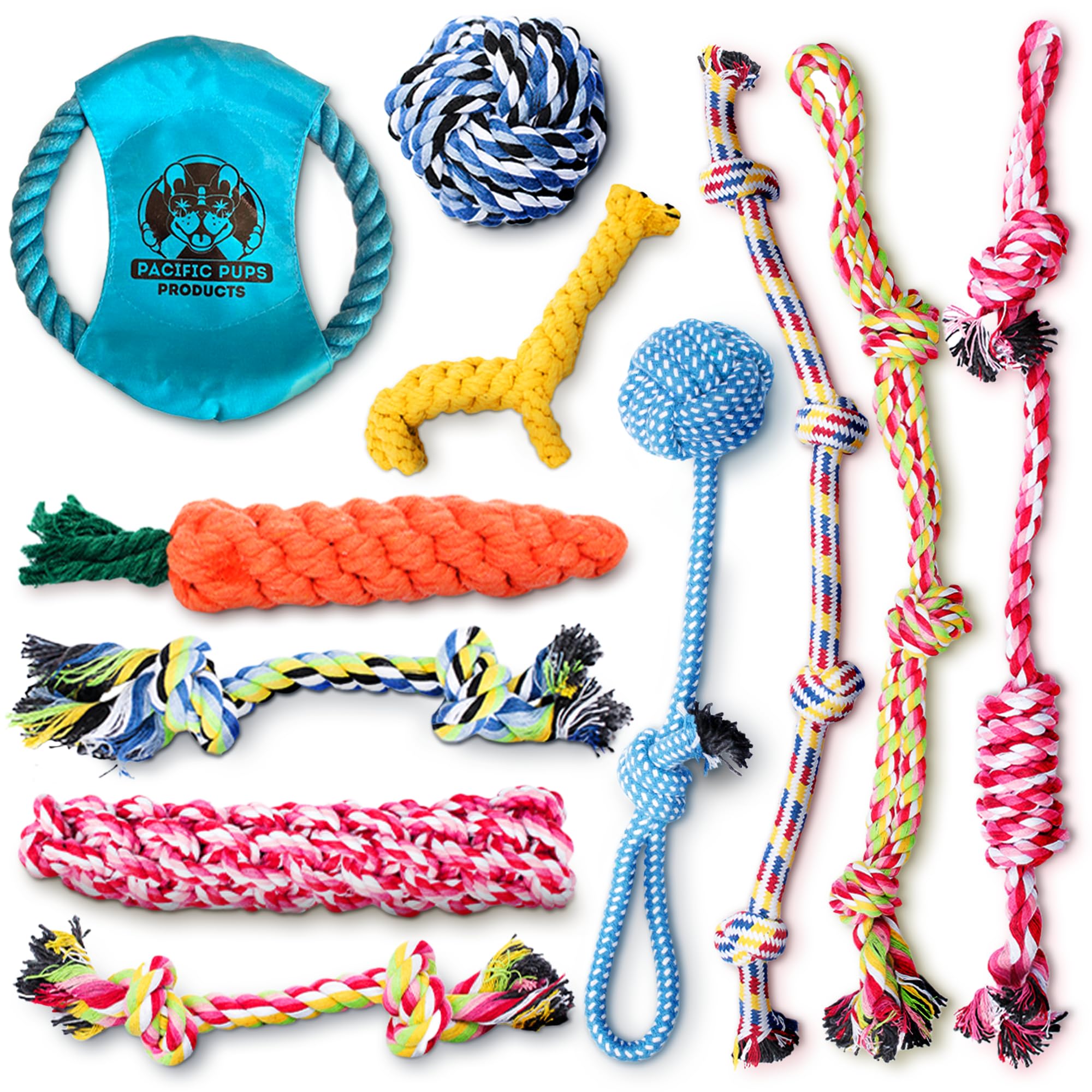 Pacific Pups Products Rope Dog Toy Bundle - 11 Pack Of Puppy Toys & Dog Rope Toys For Medium Dogs - Tug Of War Dog Toys, Rope Chew Toys For Dogs, Puppy Rope Toys Teething, Dog Rope Toys For Small Dogs