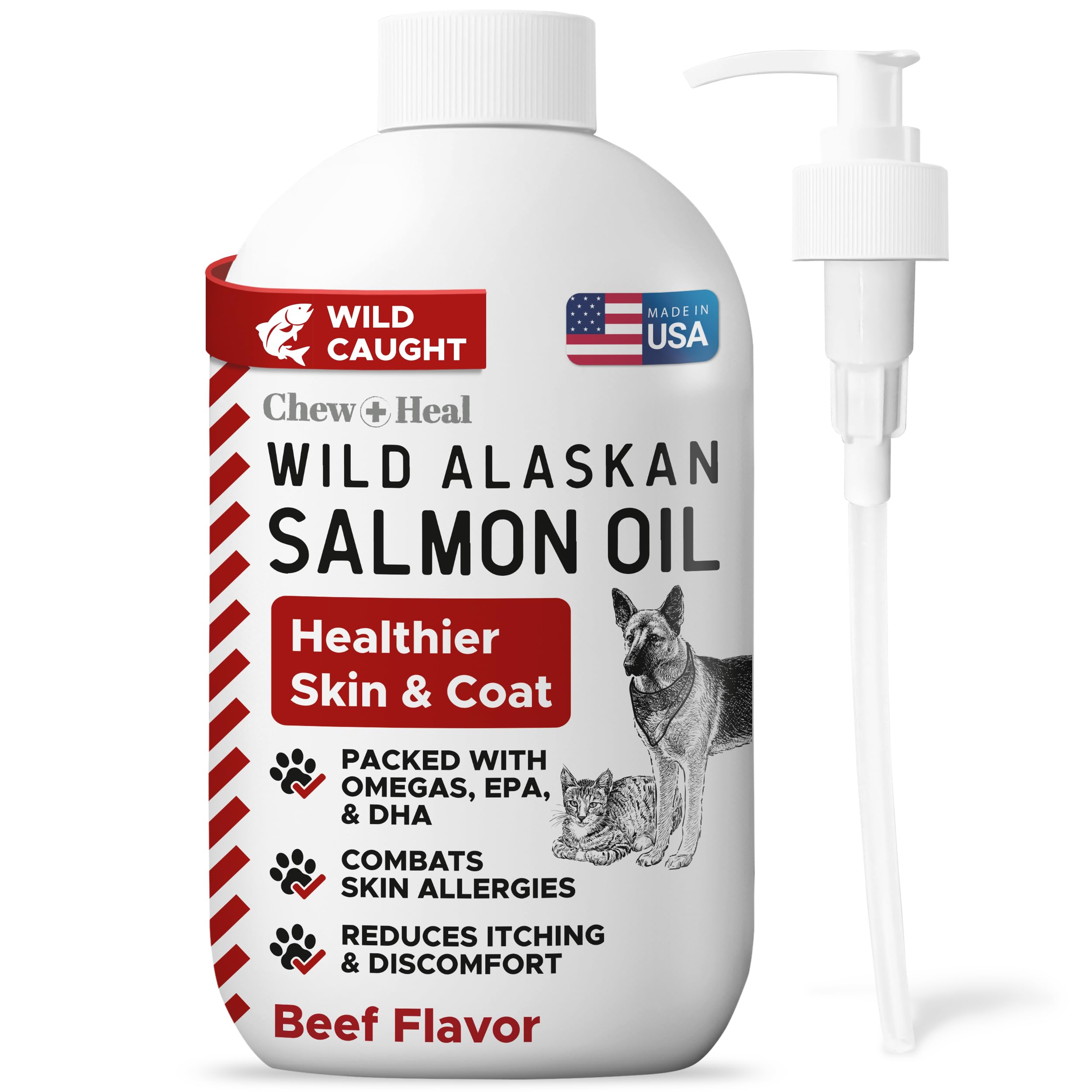 Pure Wild Alaskan Salmon Oil for Dogs - 16 oz. Beef Flavored Salmon Oil - Pump Cap Bottle - Contains Omega-3 and 6, EPA, and DHA