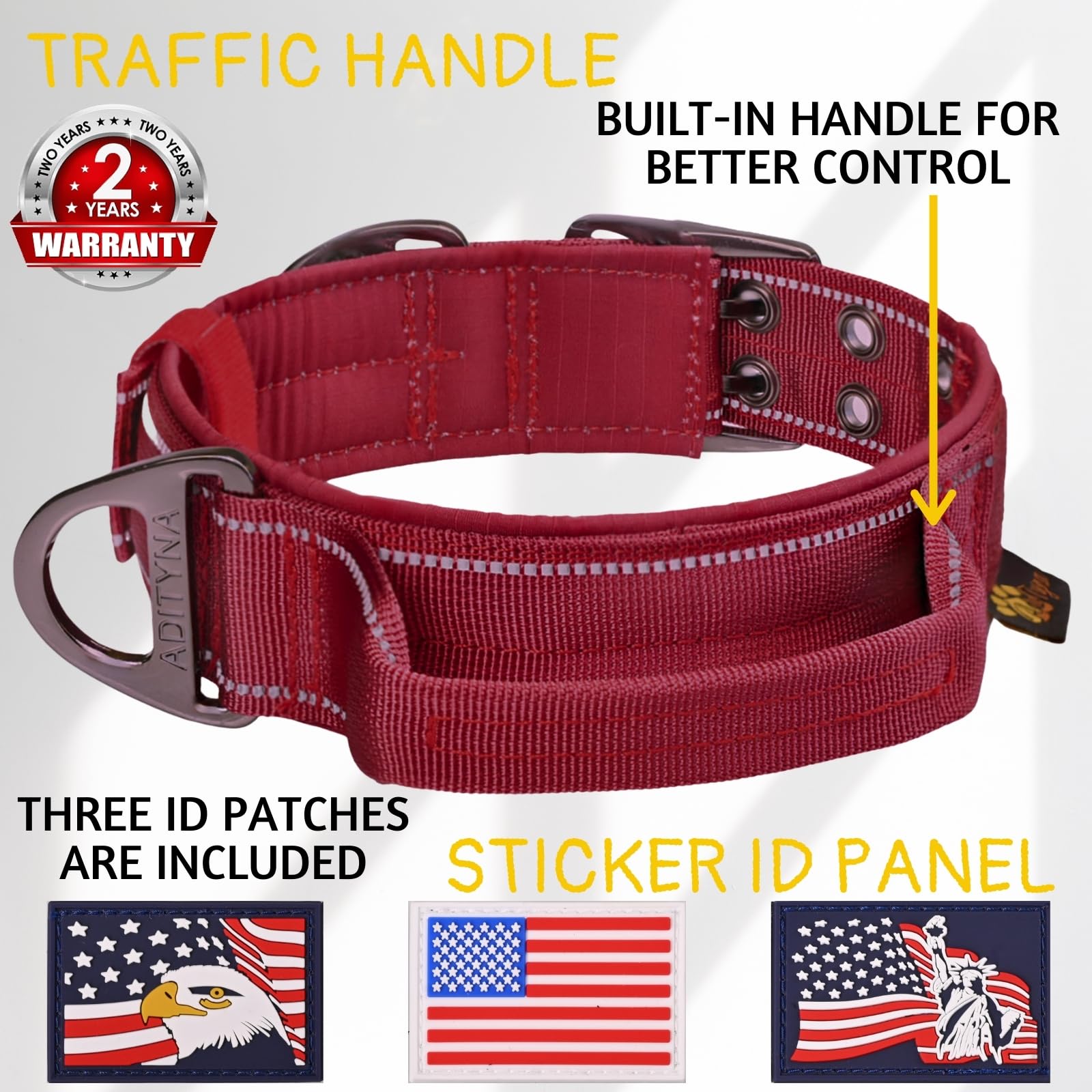 Adityna Heavy Duty Dog Collar For Medium Dogs - Reflective Burgundy Collar With Handle For Training, And Walking - Wide, Thick,