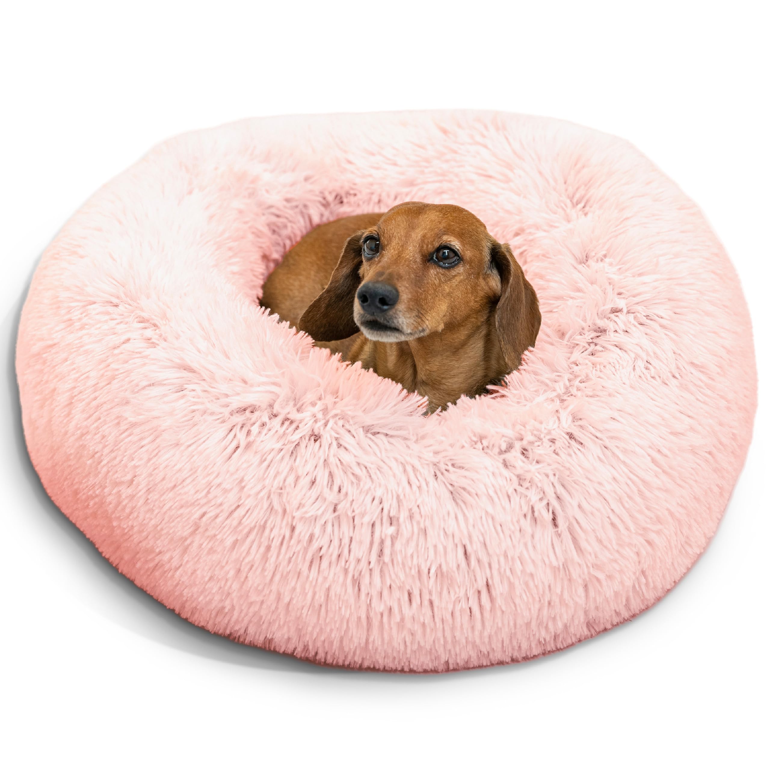 Best Friends By Sheri Original Calming Donut Dog And Cat Bed, Shag Faux Fur, Candy Pink, Small (23X23) - Helps Provide Anxiety R