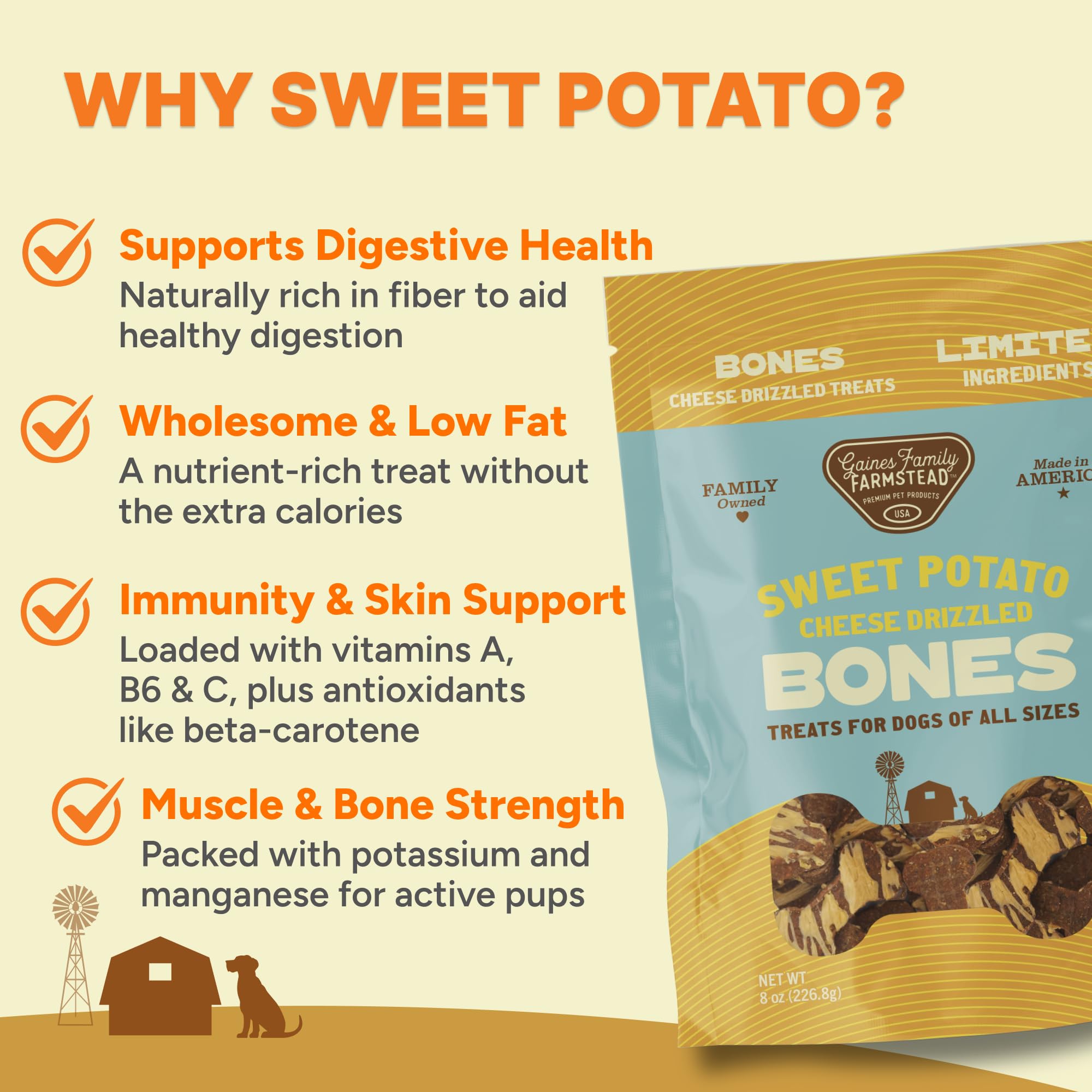 Gaines Family Farmstead Dog Treats - Grain-Free Sweet Potato Bones, 8 oz, All-Natural for Digestion, Skin & Energy, Made in USA