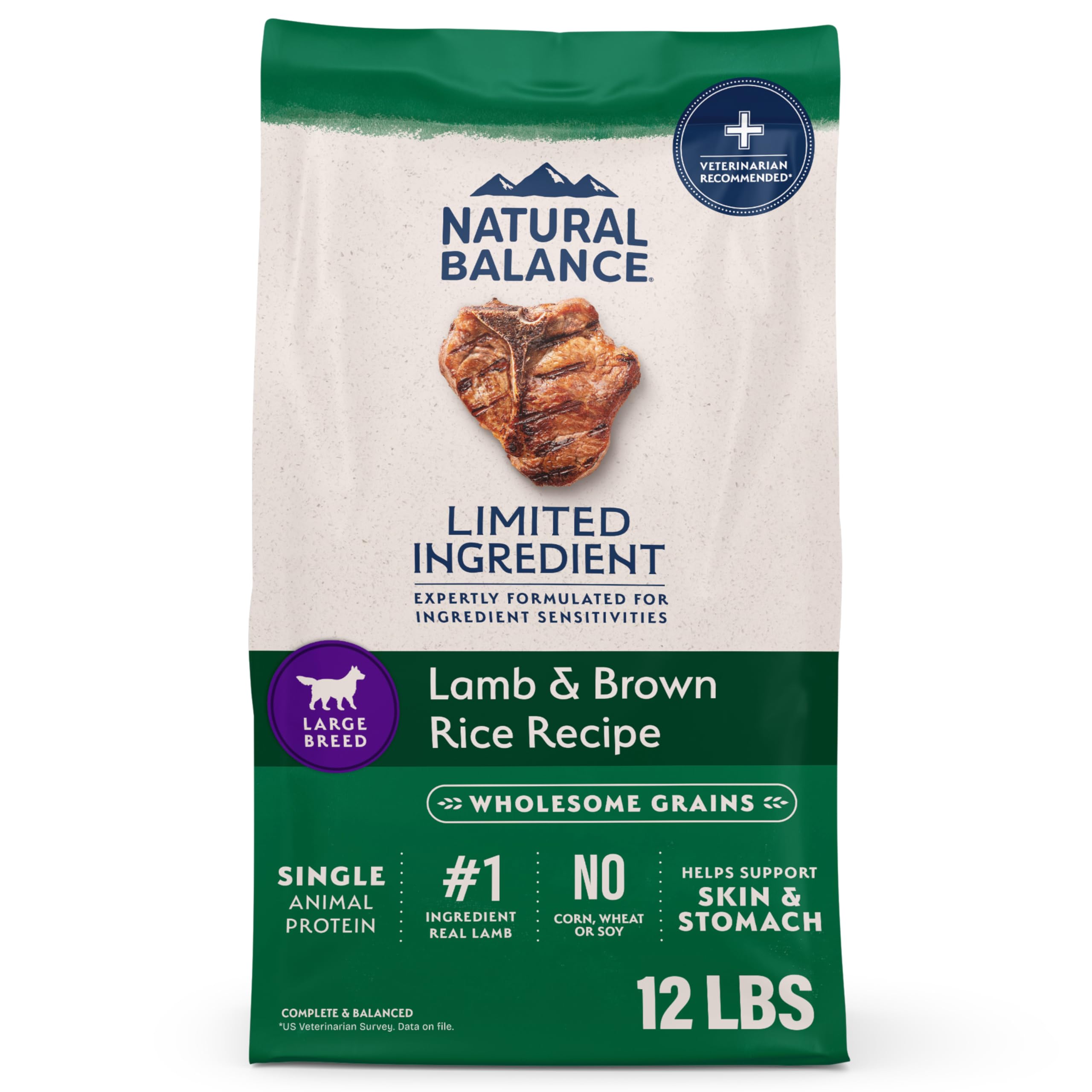 Natural Balance Limited Ingredient Large Breed Adult Dry Dog Food with Healthy Grains, Lamb & Brown Rice Recipe, 12 Pound (Pack
