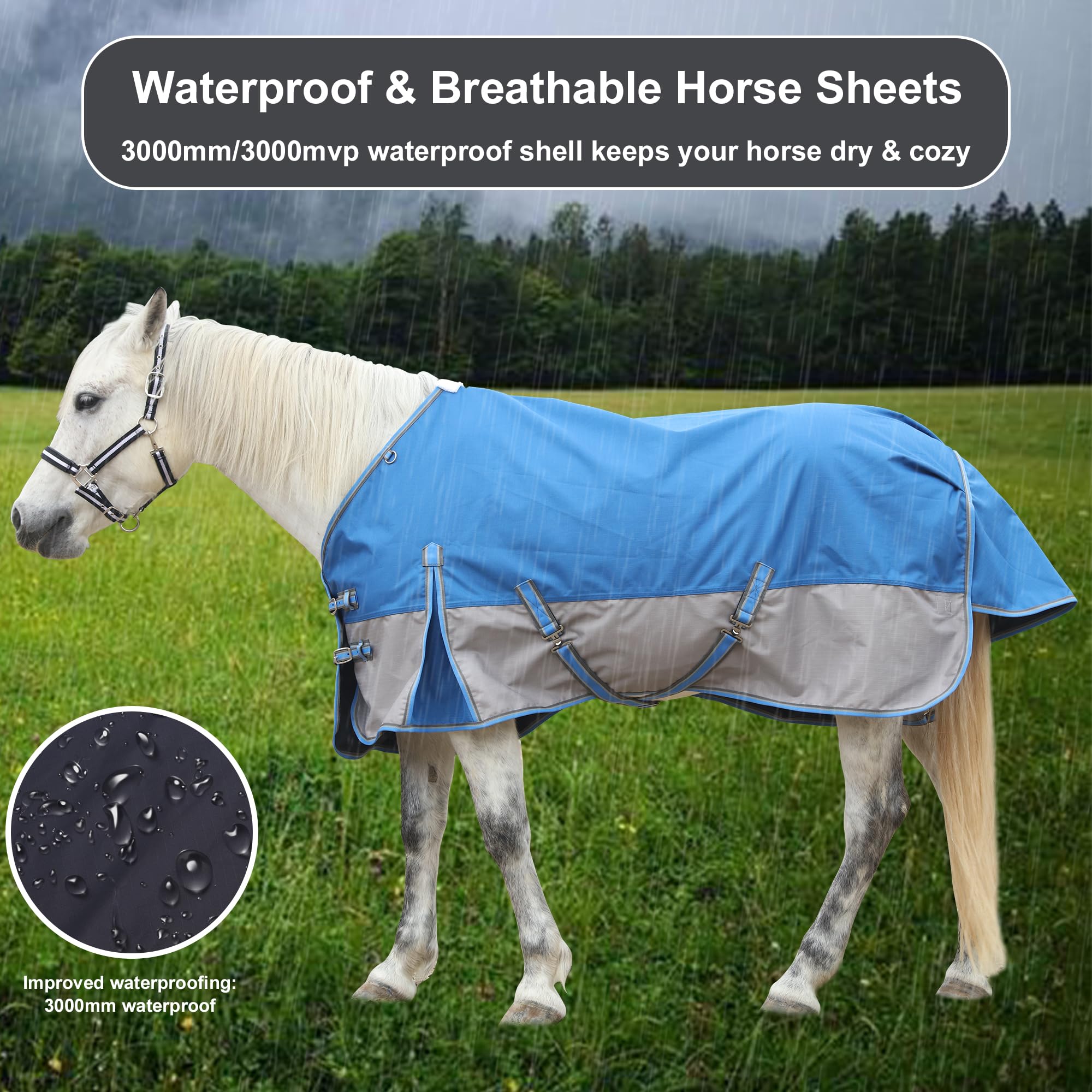 Gallopoff 1200 Denier Rip-Stop Turnout Rain Sheet Lightweight Waterproof Breathable Horse Blanket (No Fill) Bluegrey 81''