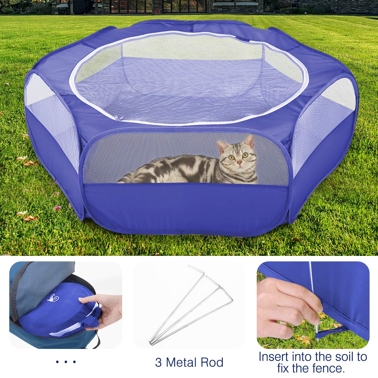 Pawaboo Small Animals Playpen, Waterproof Small Pet Cage Tent With Zippered Cover, Portable Outdoor Yard Fence With 3 Metal Rod For Kitten/Puppy/Guinea Pig/Rabbits/Hamster/Chinchillas, Indigo