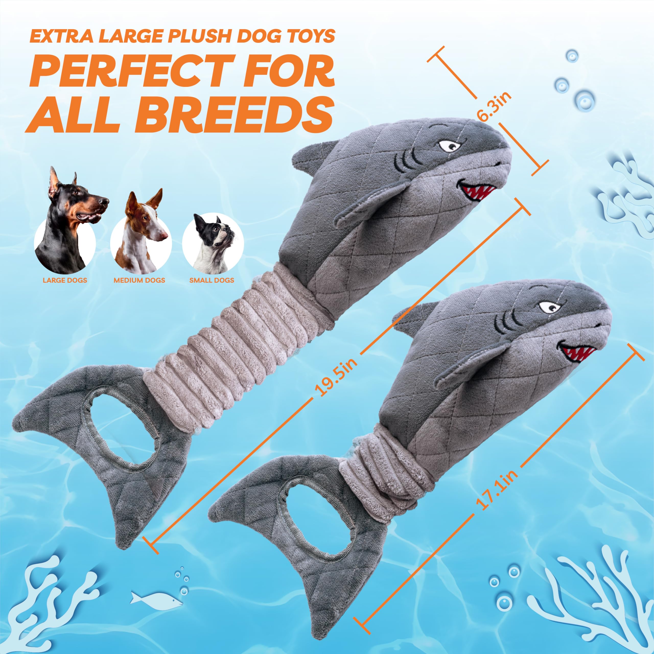 Dog Toys for Small Dogs, Squeaky Tough Dog Toys for Aggressive Chewers, Plush Dog Chew Toys for Teething, Interactive Shark Dog