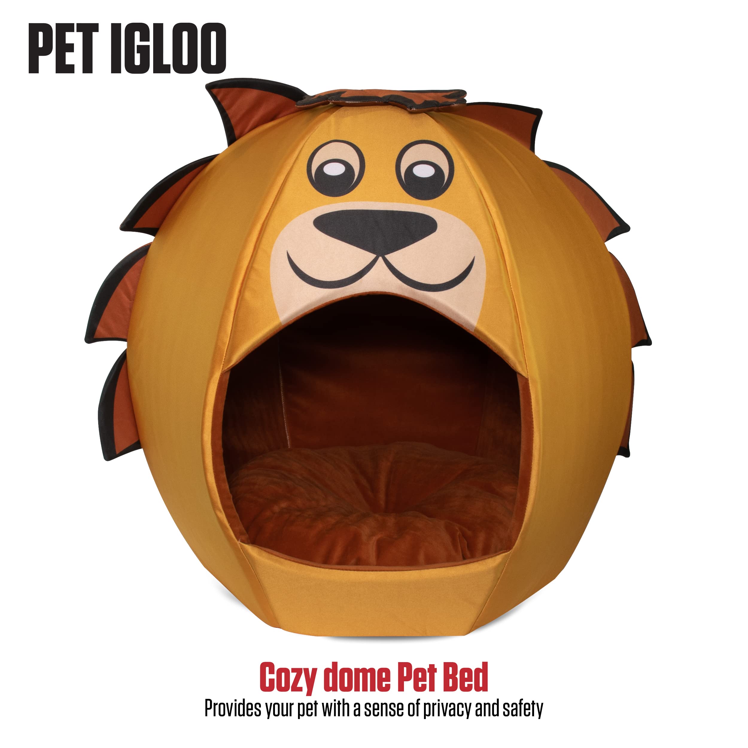 Maccabi Art Lion Theme Dog Bed - Cute Igloo Style Pet Bet - Fits Small Dogs, Puppies, Cats - Pillow Insert With Plush Lined Inte
