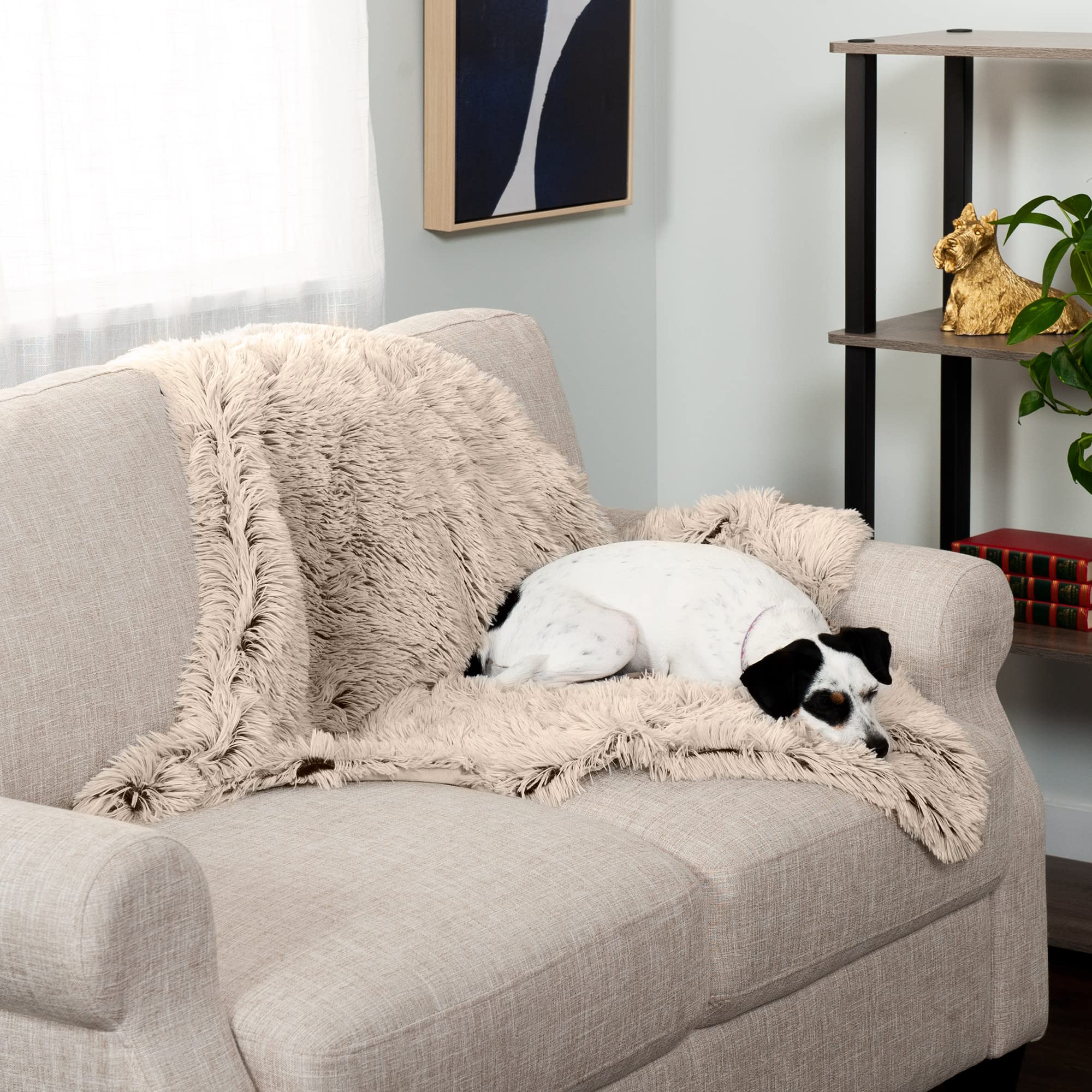 Furhaven Waterproof Throw Blanket For Dogs & Indoor Cats, Washable - Shaggy Plush Calming Long Faux Fur & Velvet Dog Blanket - Taupe, Medium
