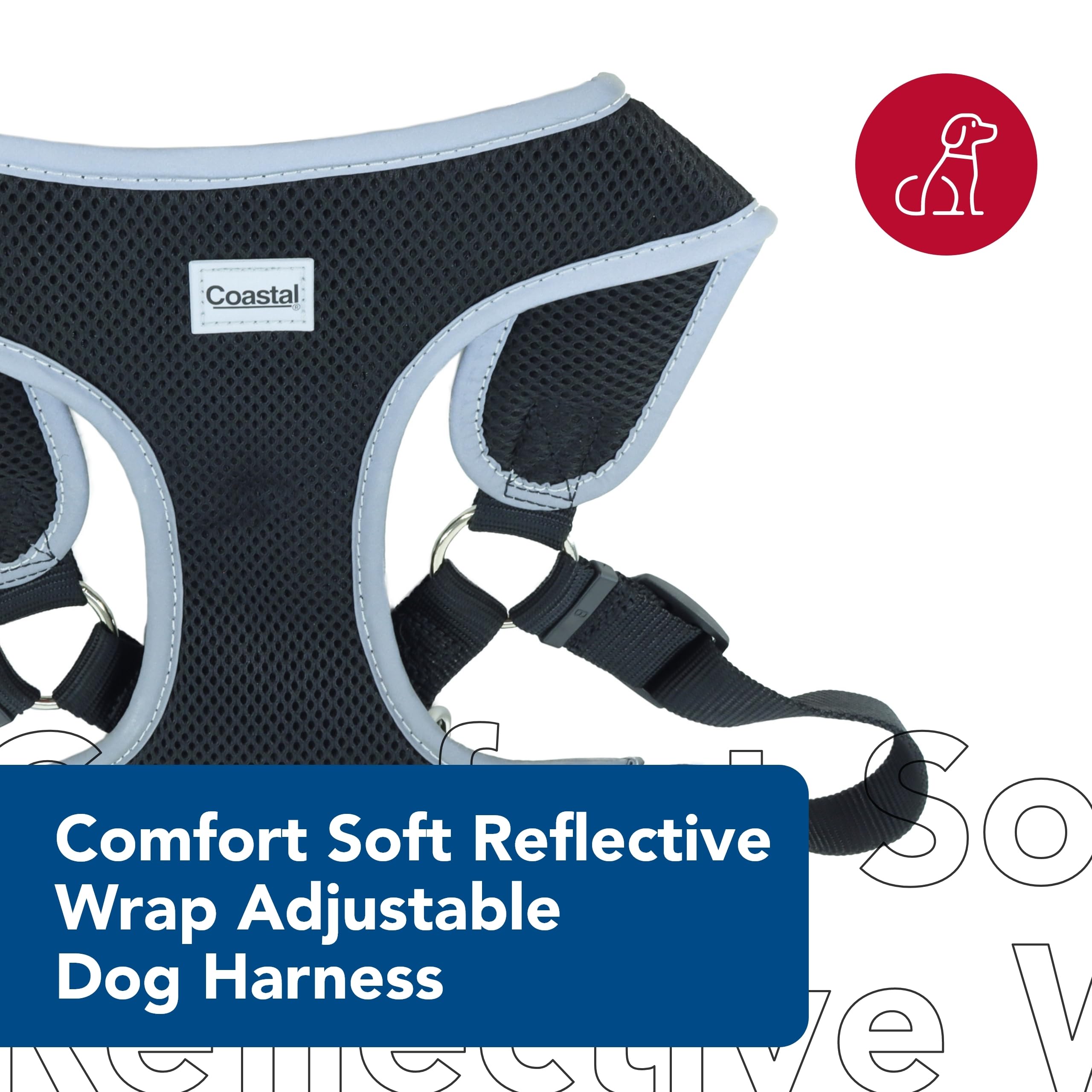 Coastal Pet Comfort Soft Reflective Wrap Adjustable Dog Harness - No-Pull Dog Harness For Small & Large Dogs - Black - 1' X 28'–36'