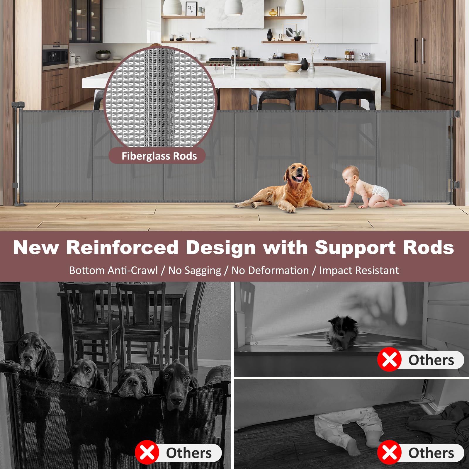 Reinforced 41'' Extra Tall Retractable Baby Gates Extra Wide Dog Gate 150'' Retractable Pet Gate with Support Rods, Indoor Mesh