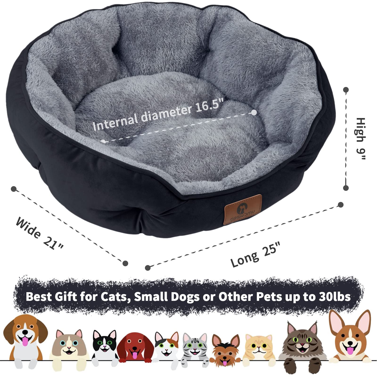 Asvin Medium Dog Bed - Soft & Washable Pet Bed for Dogs & Cats, Anti-Slip & Water-Resistant, Black, 25 inches