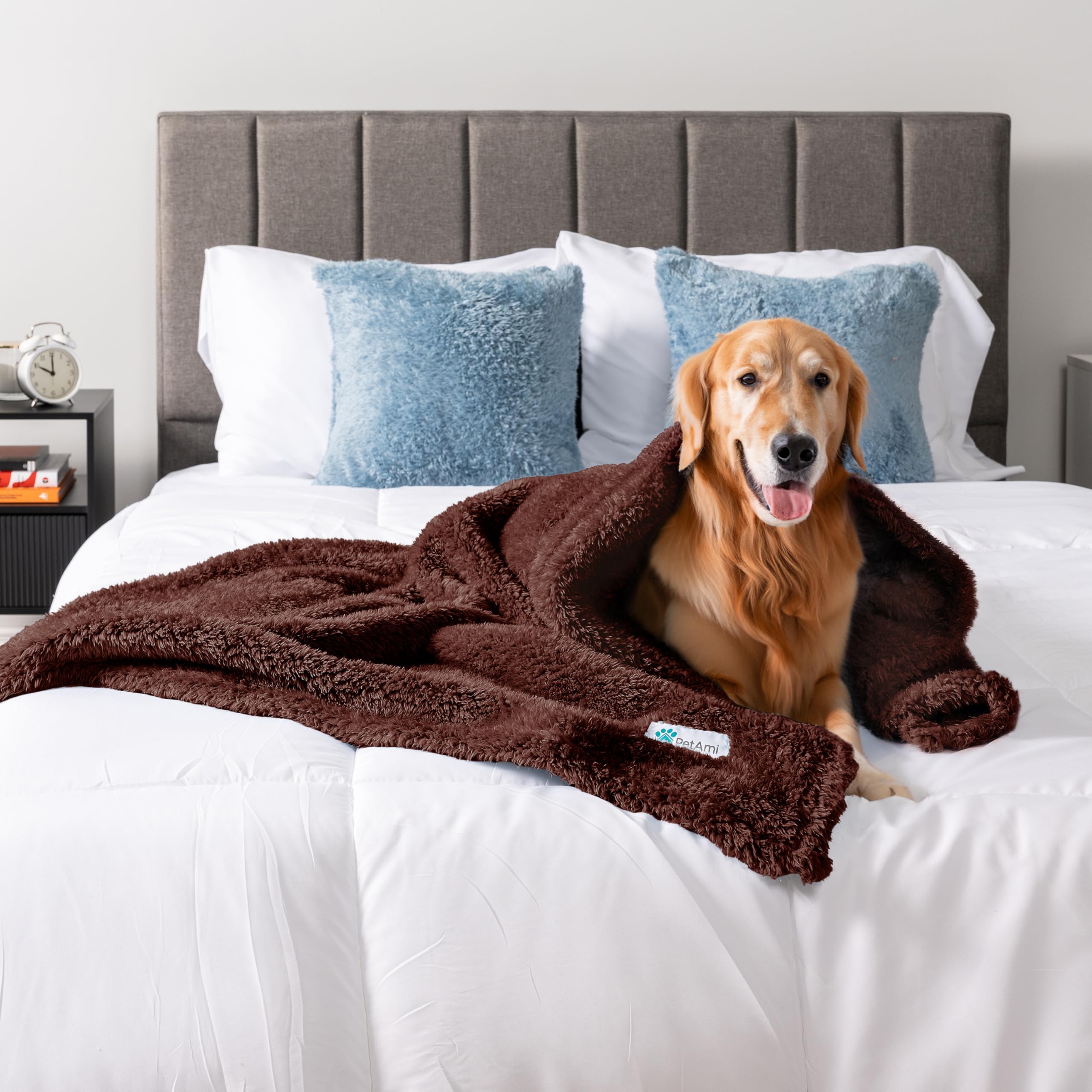 Petami Fluffy Waterproof Dog Blanket For Bed Large Dogs, Soft Warm Pet Sherpa Throw Pee Proof Couch Cover, Reversible Cat Blanket Sofa Crate Kennel Protector, Washable Mat Queen (Brown, 90X90)