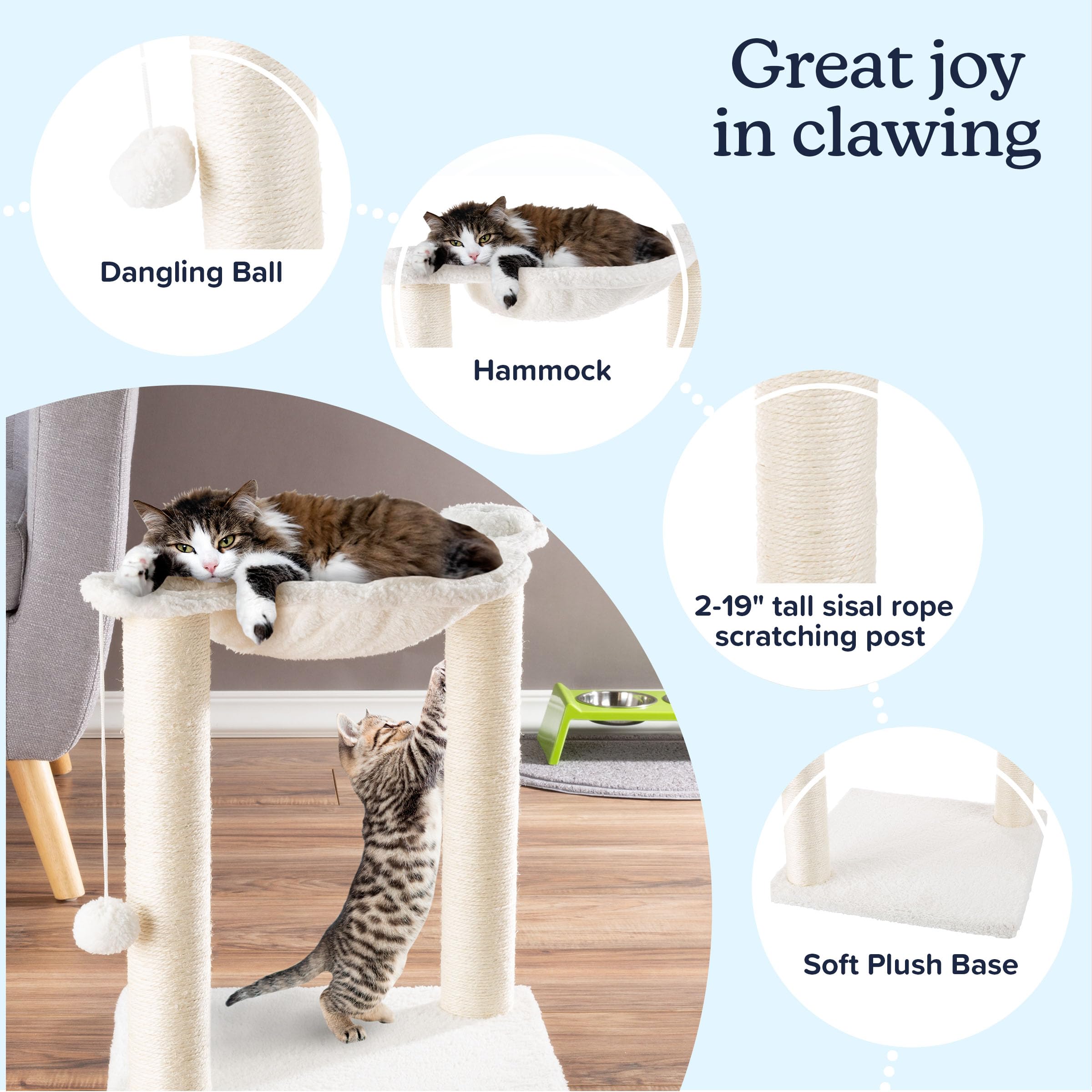 19-Inch Cat Scratching Post With Hammock ? Sisal Fabric And Carpet Small Cat Tree, Hanging Ball Toy For Adult Cats And Kittens B