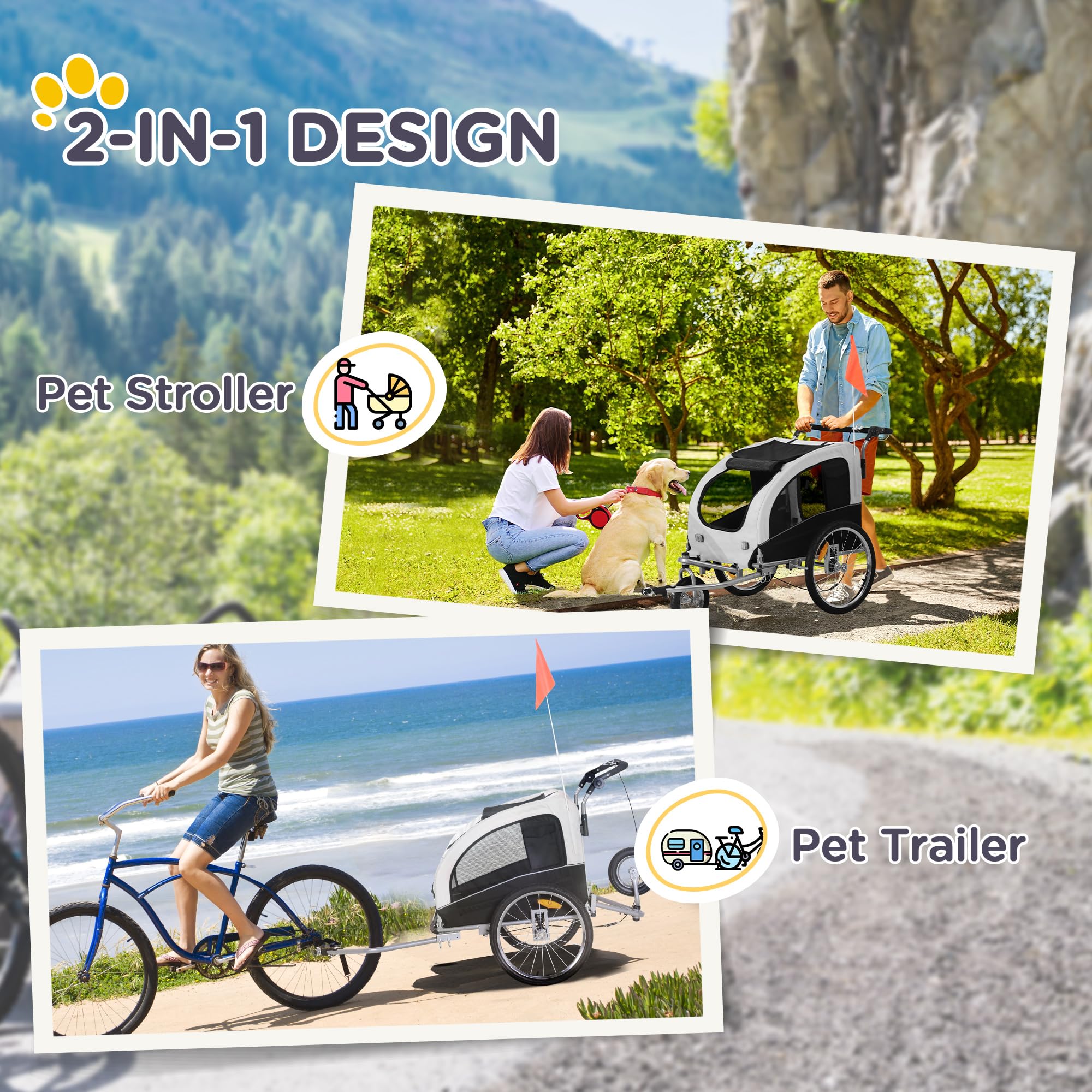 Aosom Dog Bike Trailer 2-in-1 Pet Stroller with Canopy and Storage Pockets, White