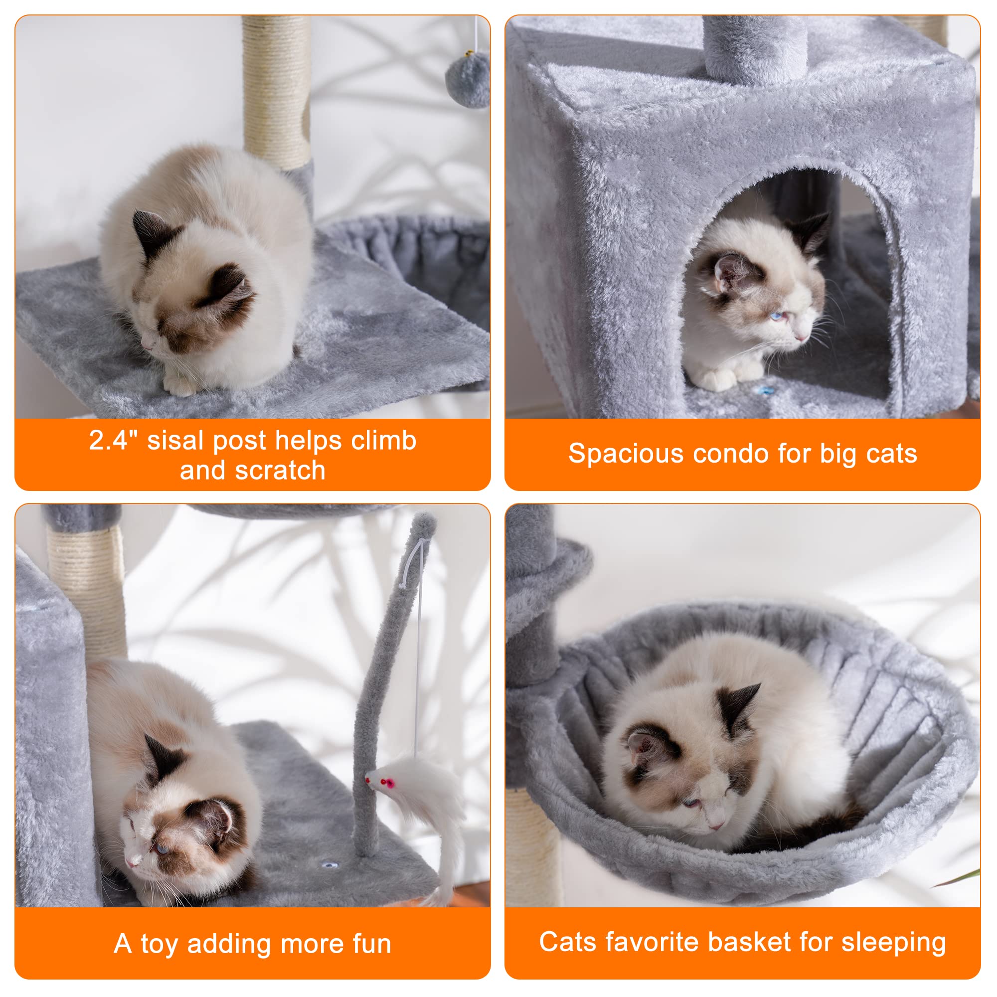 Heybly Cat Tree With Toy, Cat Tower Condo For Indoor Cats, Cat House With Padded Plush Perch, Cozy Hammock And Sisal Scratching
