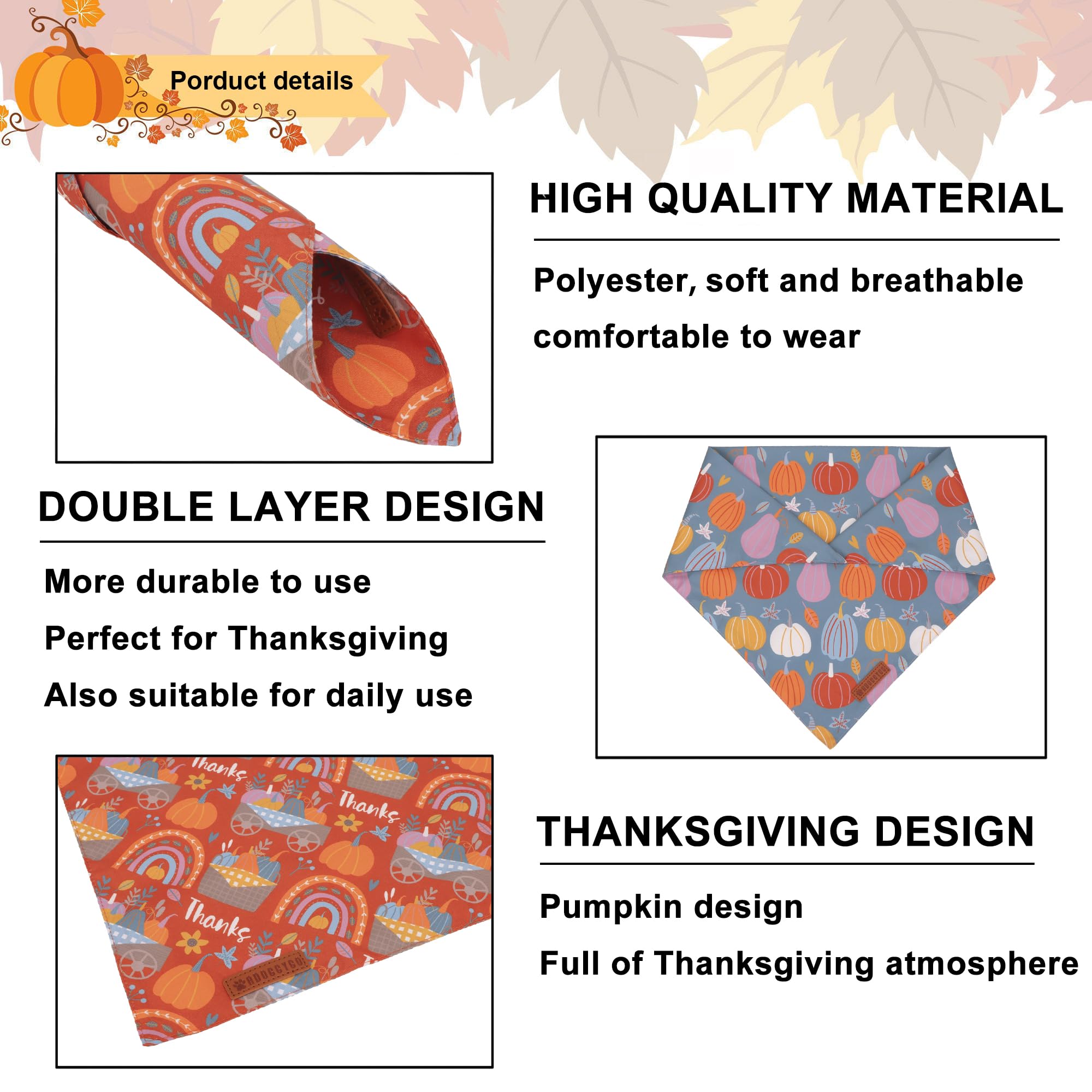 ADOGGYGO Thanksgiving Dog Bandana, Blue Orange Pumpkin Dog Scarf, Adjustable Fit Dog Fall Thanksgiving Bandanas for Large Small