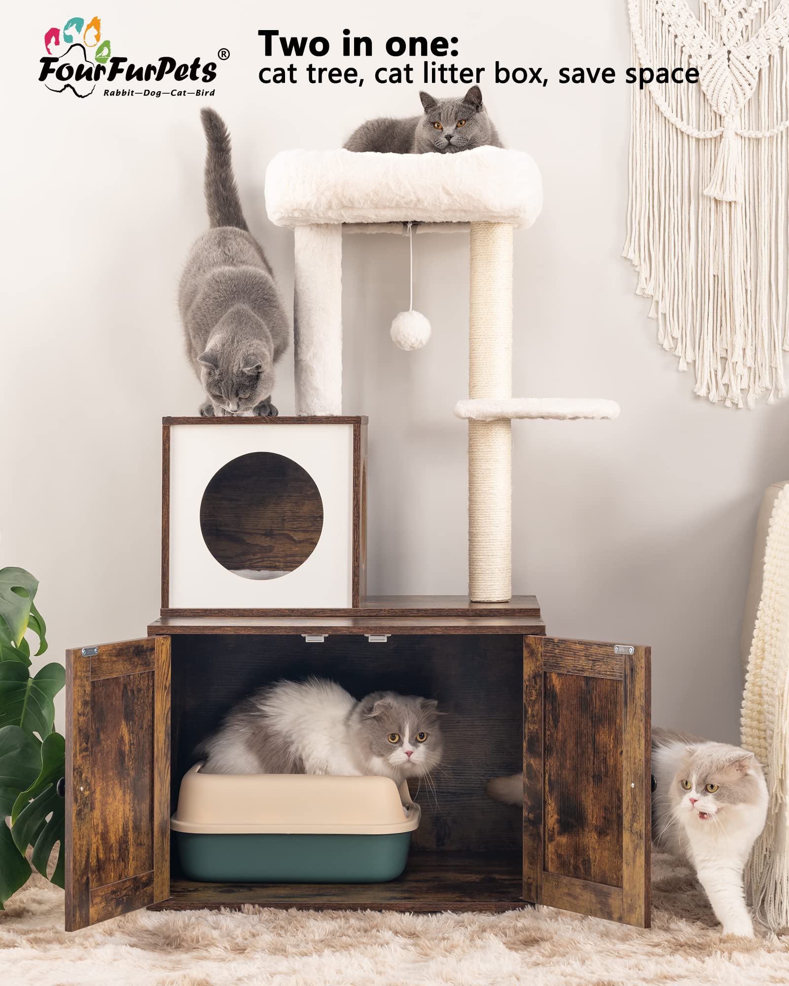 Fourfurpets Multipurpose Cat Litter Box Enclosure With Cat Tree And Condo, Side Table, With Large Platform, Cat House, Full Sisal Posts, Removable Washable Cushion, Rustic Brown