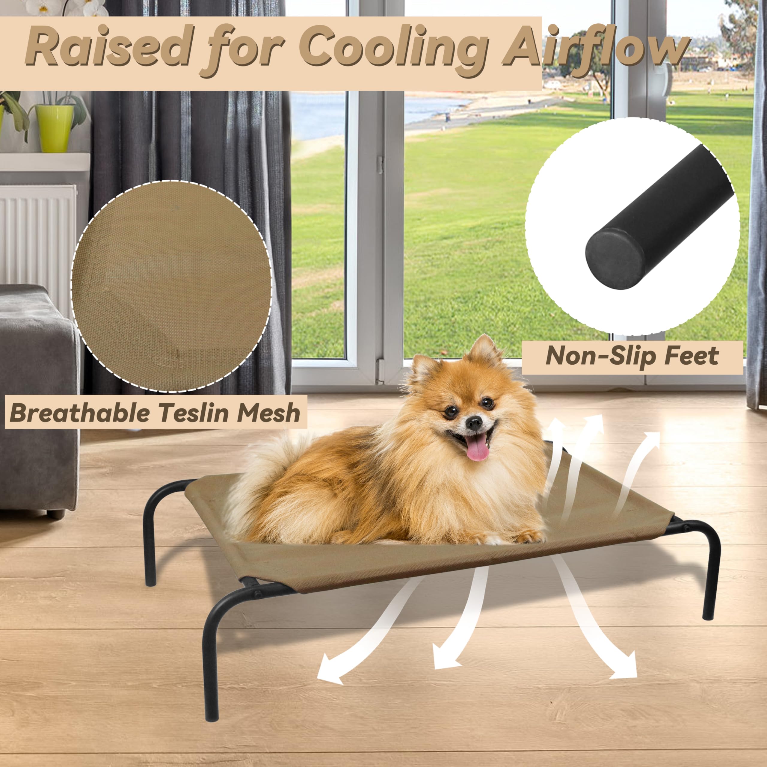 Phyex Heavy Duty Steel-Framed Portable Elevated Pet Bed, Elevated Cooling Pet Cot, 33' L X 19' W X 7.5' H(S, Brown)